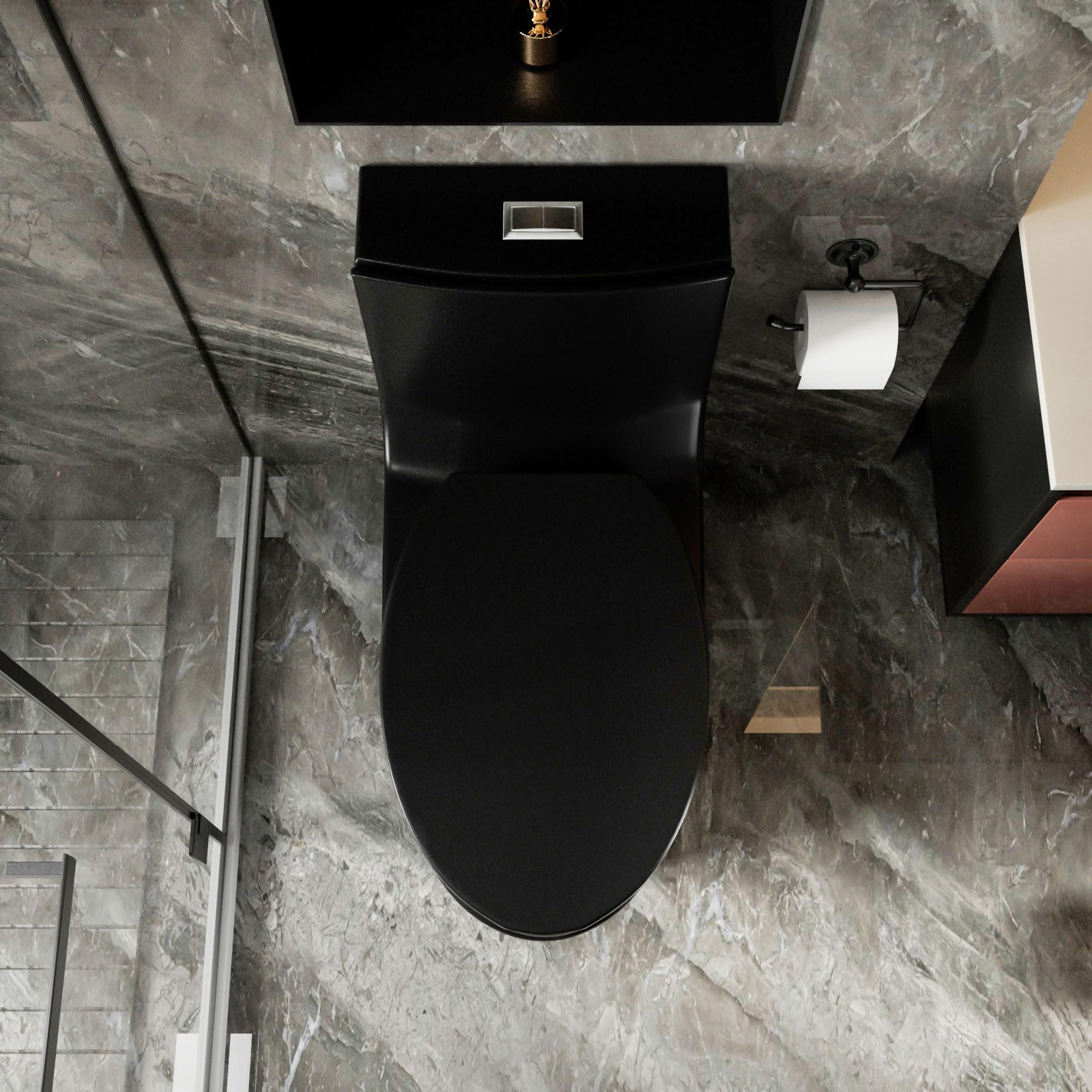 Dual Flush Elongated Toilet 1.1/1.6 GPF - Water Saving Modern One Piece Toilet with Soft Close Seat - Powerful & Quiet Flush - Black (27.5