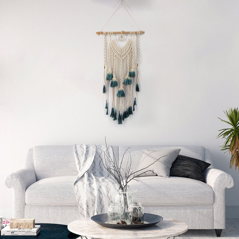 Bohemian Macrame Wall Hanging with Dark Green Tassels - Handwoven Geometric Tapestry for Home Decor, Apartment, Dorm Room, Wedding Backdrop & Party Decoration | Perfect for Living Room, Bedroom and Boho Style Interior Design