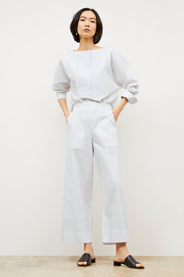 Madelyn Poplin Stripe Pants for Women - Blue & Ivory Casual Summer Trousers - Perfect for Office Wear, Weekend Outings & Beach Vacations