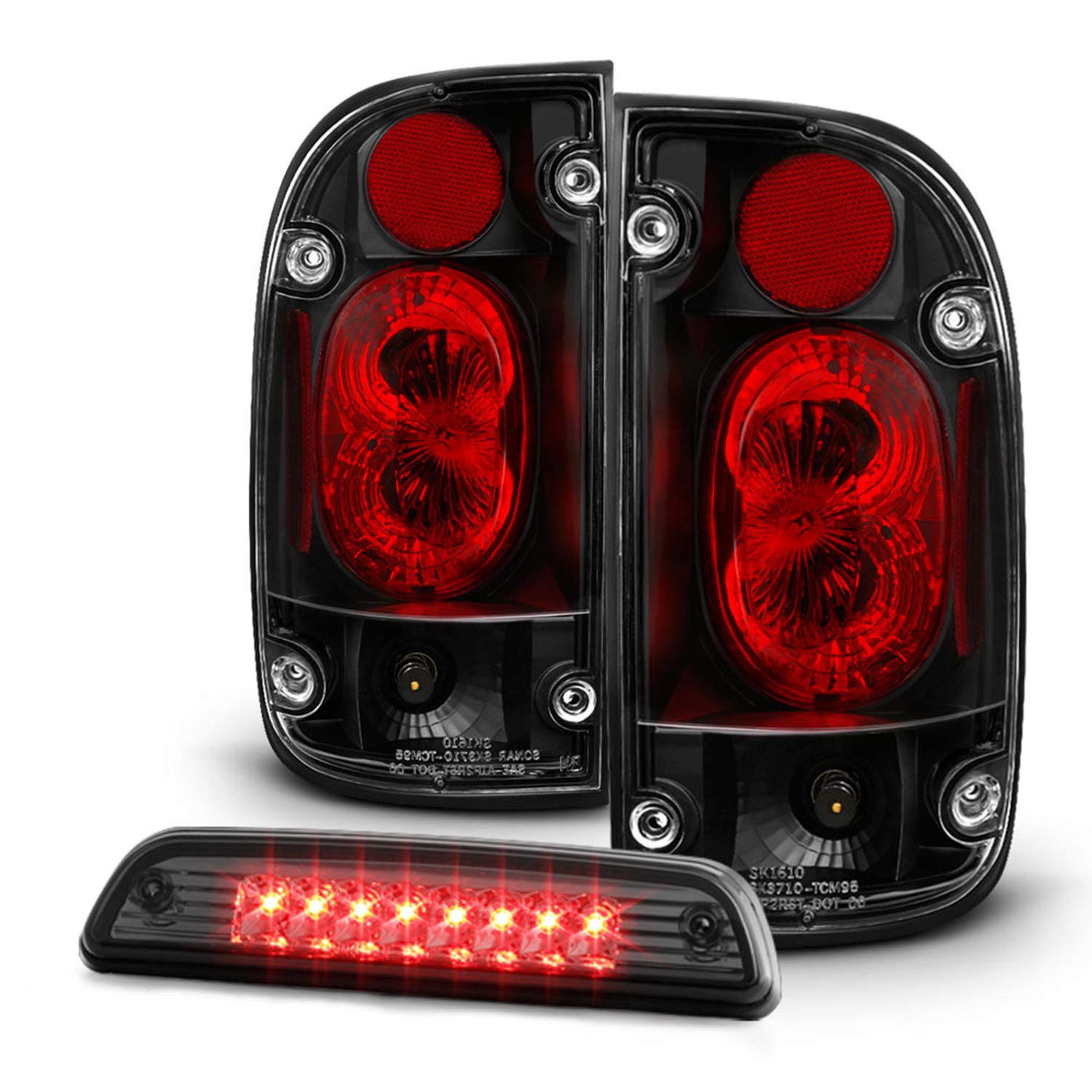 AKKON Replacement Black Tail Lights Pair + LED Smoked 3rd Brake Light Set for 2001-2004 Toyota Tacoma (Left & Right) - Upgrade Your Truck's Style & Safety for Night Driving & Off-Road Adventures