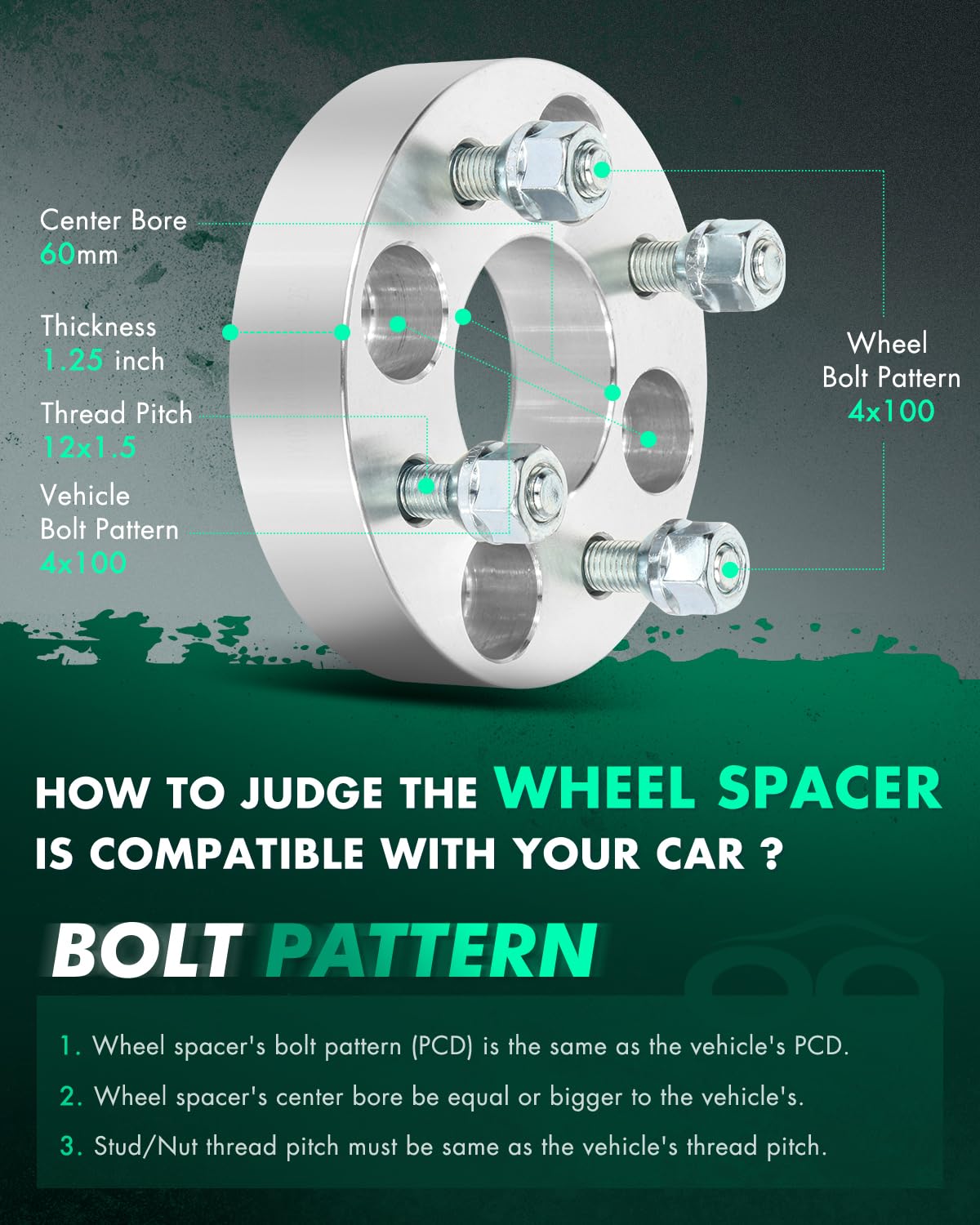 SCITOO 2Pcs 1.25 Inch Wheel Spacers 4x100 Bolt Pattern 60mm Bore 12x1.5 Thread Pitch - Compatible with Toyota Corolla, Prius, Celica, Echo, MR2, Spyder, Paseo, Tercel, Yaris - Perfect for Enhanced Stance & Performance Upgrades