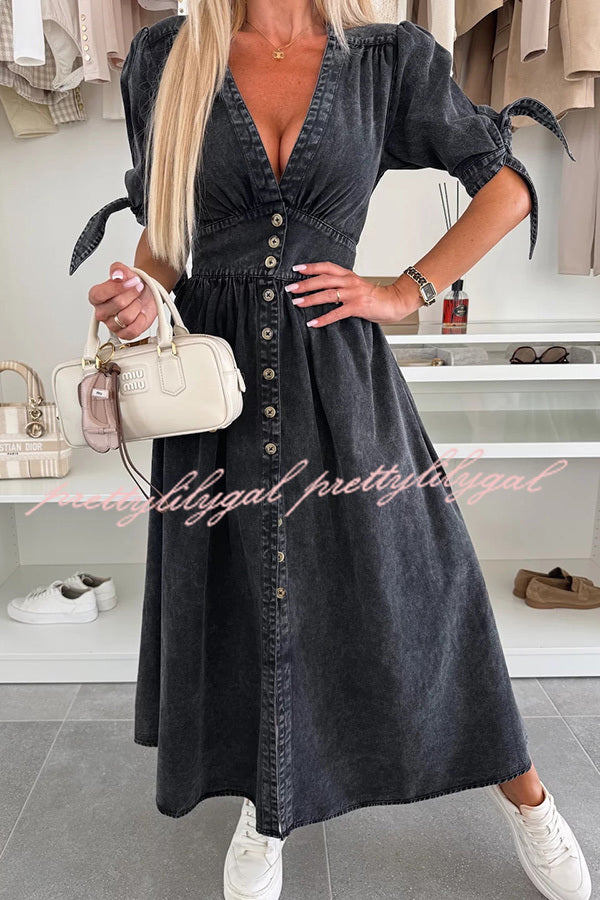 Stylish Solid Color V-Neck Button Down Denim Midi Dress for Women | Casual & Office Wear | Perfect for Spring & Summer Outings