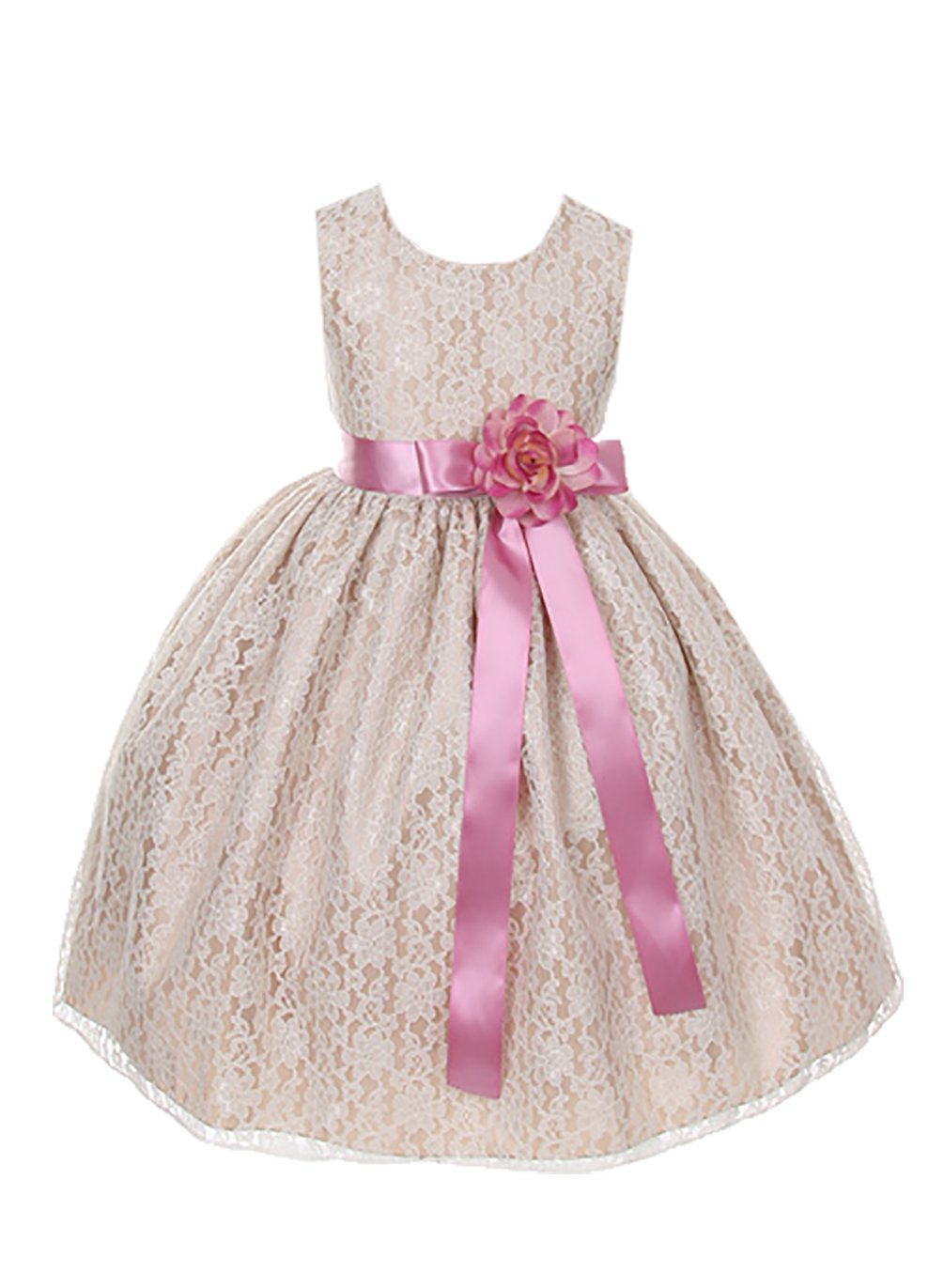 Champagne Lace Dress for Girls with Rose Sash - Elegant Flower Girl Dress for Weddings, Parties & Special Occasions
