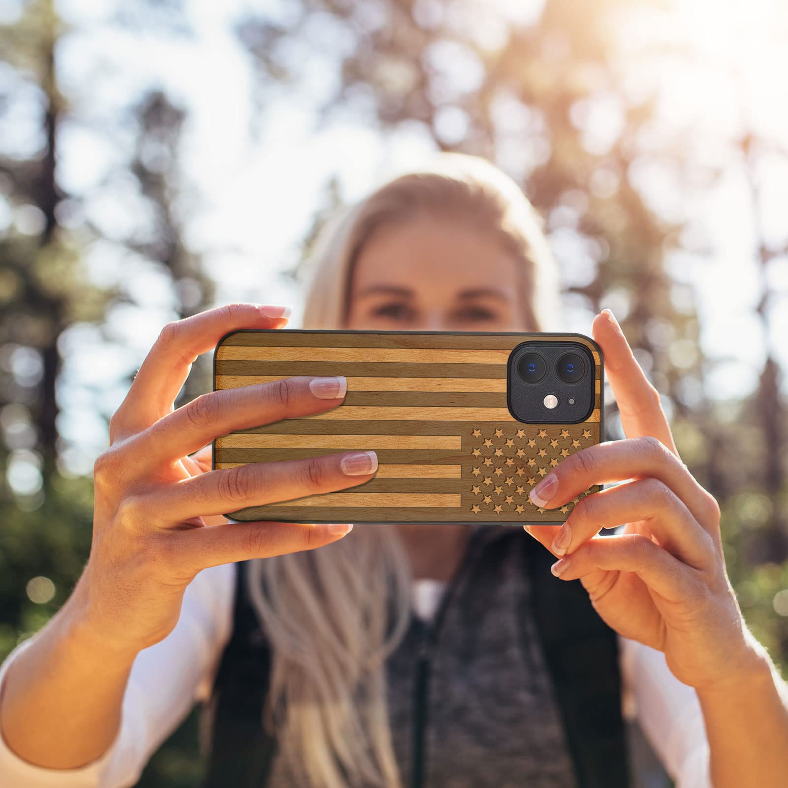 Carveit Magnetic Wood Case for iPhone 12 - Natural Wood & Black TPU Shockproof Protective Cover with Magsafe Compatibility (American Flag Cherry Design) - Durable Wooden Phone Case for Everyday Use, Office & Outdoor Protection