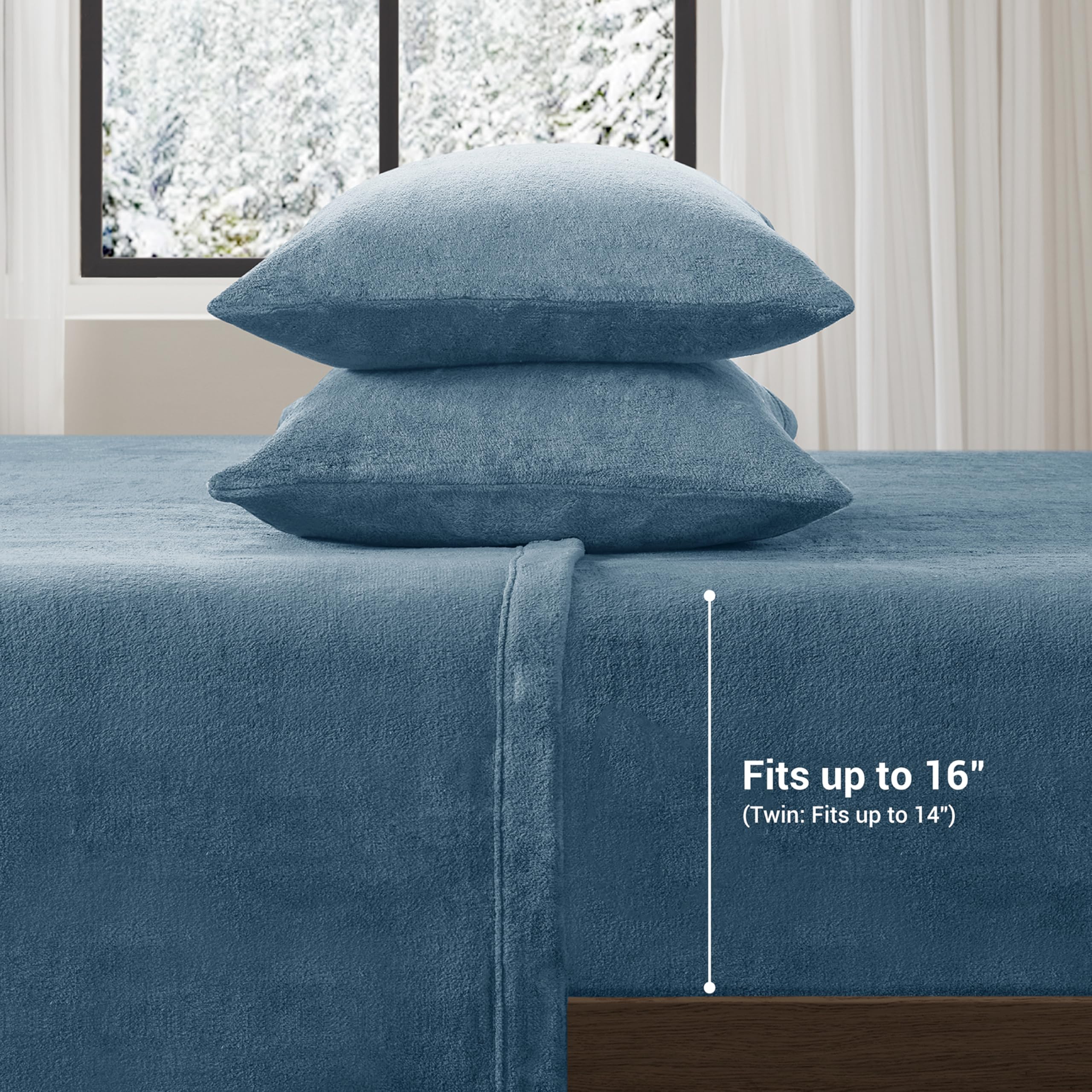 True North by Sleep Philosophy 4-Piece Plush Sheet Set - Queen Size, Solid Blue, Ultra Soft & Warm Bedding, Fitted Pocket Fits 16