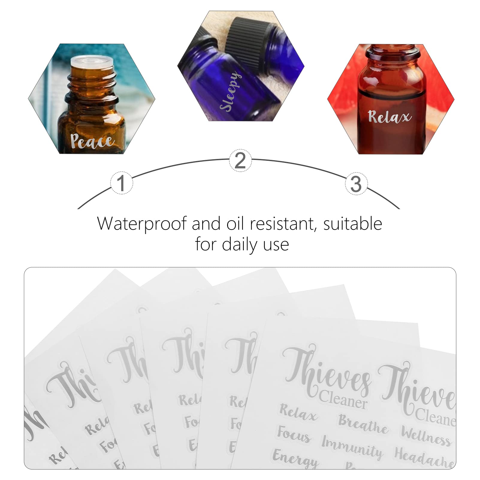 EXCLUZO 6-Pack Silver Essential Oil Stickers - Waterproof Cosmetic Labels for Perfume Bottles, Jars & Containers - Durable Letter Stickers for Organizing & Decorating (Perfect for Aromatherapy, DIY Projects & Home Organization)