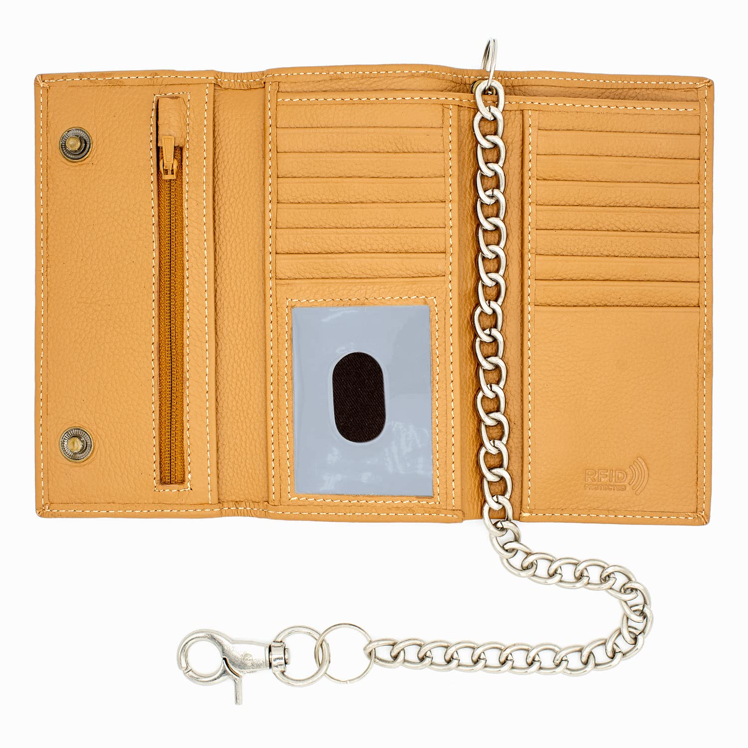 Premium Men's Leather Trifold Wallet with RFID Blocking, Checkbook Cover & Zipper Coin Pocket - Stainless Steel Chain Design for Bikers (J212C, Caramel) | Ideal for Everyday Use, Travel & Motorcycle Enthusiasts in USA
