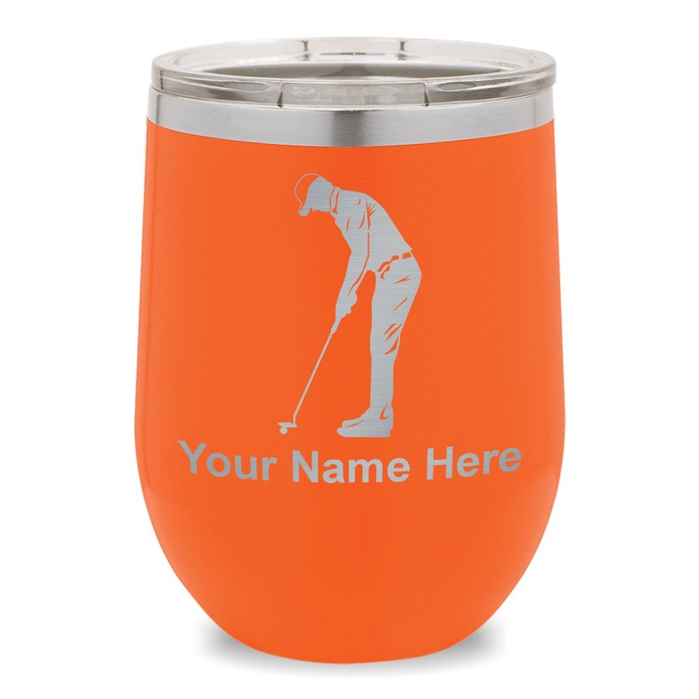 Personalized Golf Wine Glass Tumbler with Engraved Golfer Putting Design - Orange - Perfect for Golf Lovers, Gifts & Themed Parties