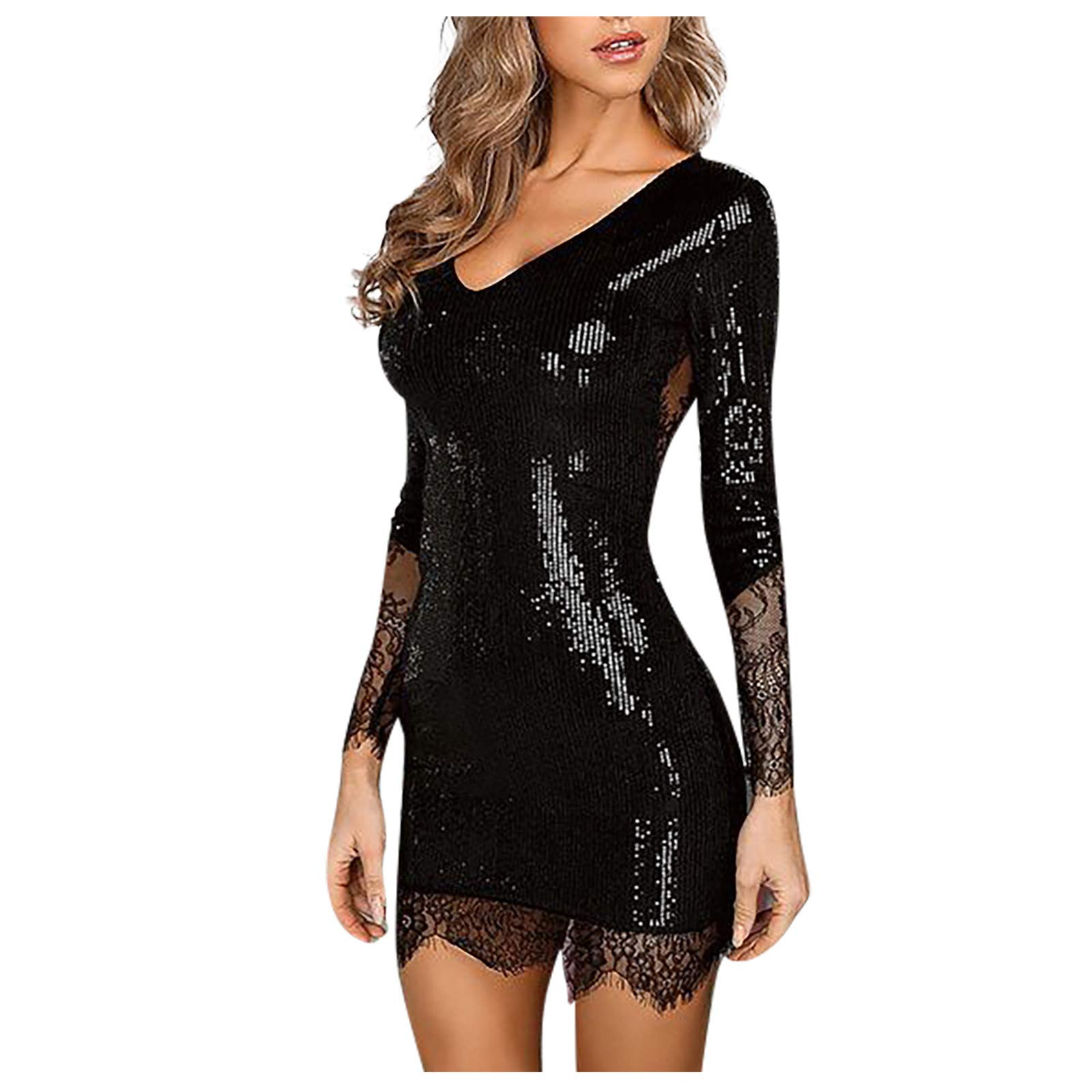 Sexy V-Neck Sequined Long Sleeve Lace Hollow Dress for Women - Elegant Party, Evening, and Work Attire - Formal Occasion & Special Events Wear