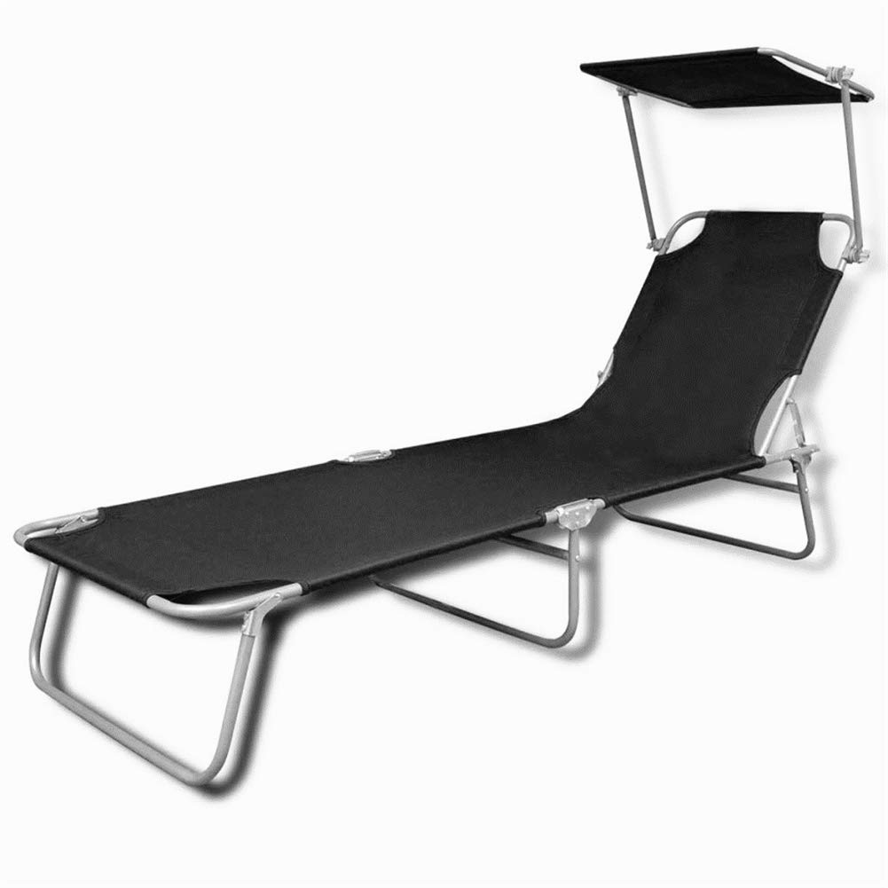 Folding Chaise Lounge Chair with Adjustable Canopy - Steel Frame & Durable Fabric - Outdoor Sunbathing & Poolside Relaxation (Black) - Perfect for Patio, Beach, and Backyard Use