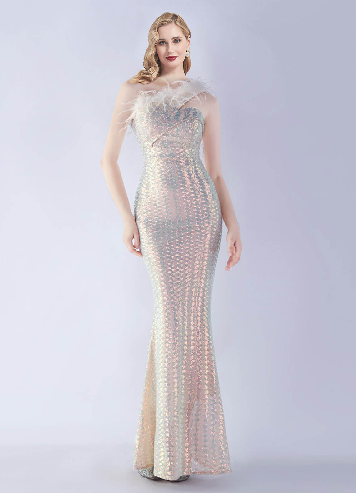 Elegant Apricot One Shoulder Feather Sequin Mermaid Gown for Prom, Evening Party & Formal Events | Luxury Women's Dress for Special Occasions