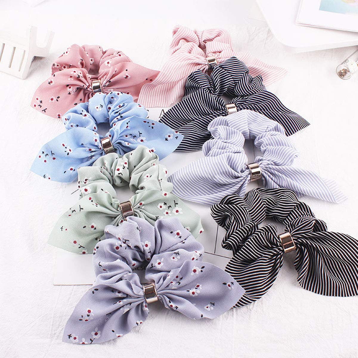 Numblartd 8PCS Fashion Hair Scrunchies for Women - Soft Elastic Ponytail Holders with Bowknot Bunny Ears & Metal Buckle Hair Ties, Perfect for Workouts, Office, Party & Daily Hair Styling Accessories