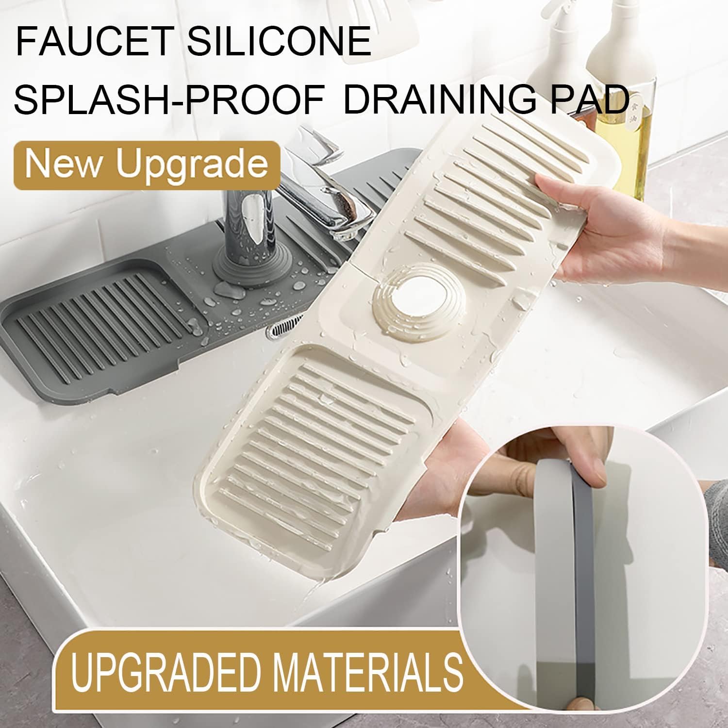 Premium Silicone Faucet Mat & Dish Soap Sponge Holder - Non-Slip Kitchen Sink Accessory, Drying Mat for Countertops, Bathroom & Kitchen Sink Splash Guard (Beige White) | Perfect for Organizing, Drying Dishes & Protecting Surfaces from Water Damage