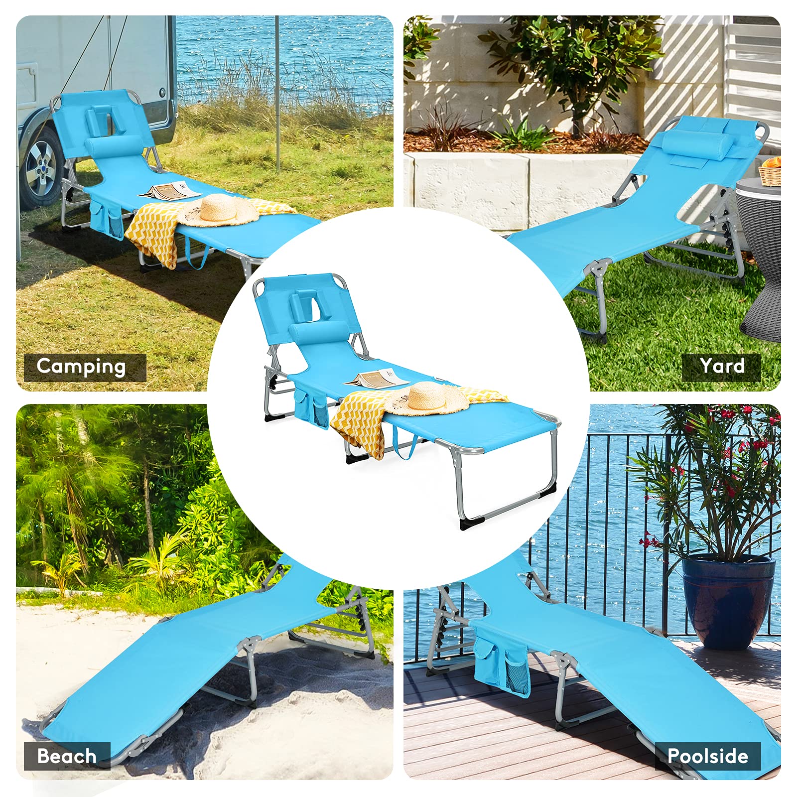 Goplus Folding Tanning Chair with Face & Arm Hole - 5-Position Adjustable Beach Lounge Chair with Removable Pillow & Side Pocket - Portable Outdoor Sunbathing Chair for Pool, Patio, Lawn & Backyard (Sky Blue) - Perfect for Beach Vacation, Backyard Relaxation & Outdoor Sunbathing