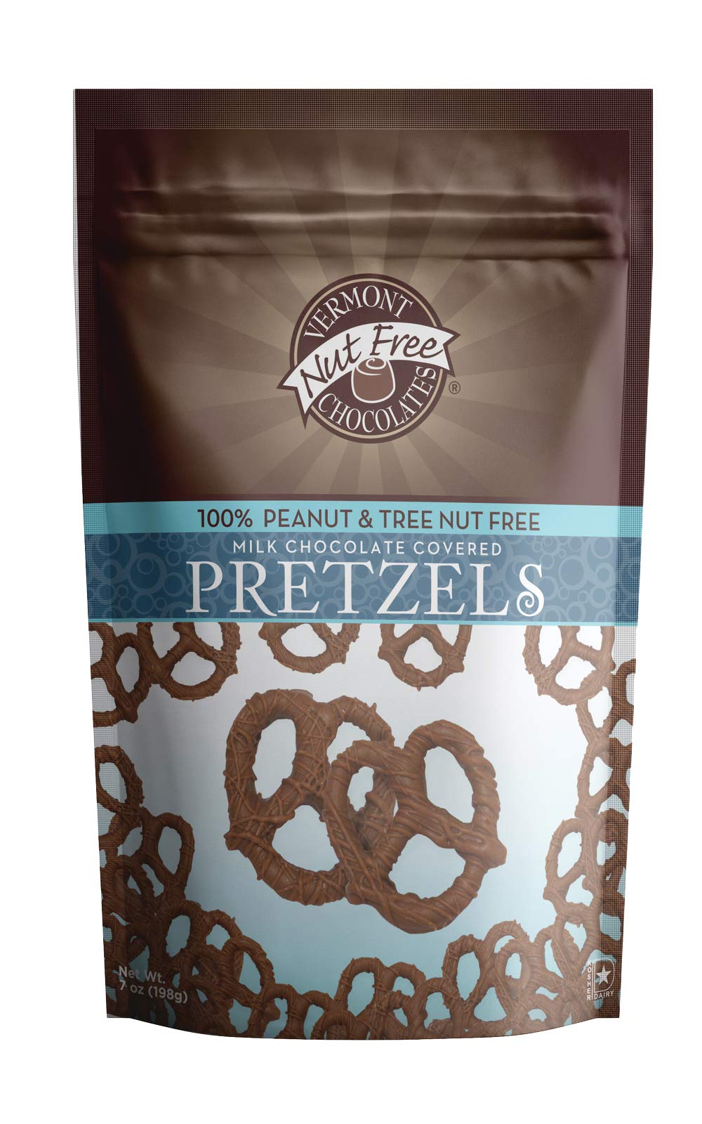 Nut-Free Vermont Milk Chocolate Covered Mini Twist Pretzels - 7oz, Allergen-Free, Kosher Certified - Perfect for School Snacks & Party Treats