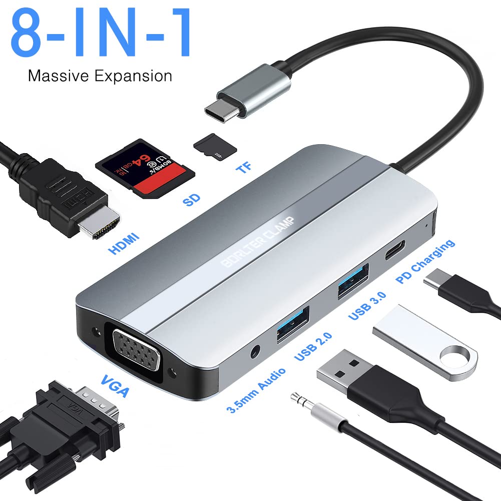 8-in-1 USB C Hub with HDMI, VGA, PD, Card Reader - for MacBook, XPS & More