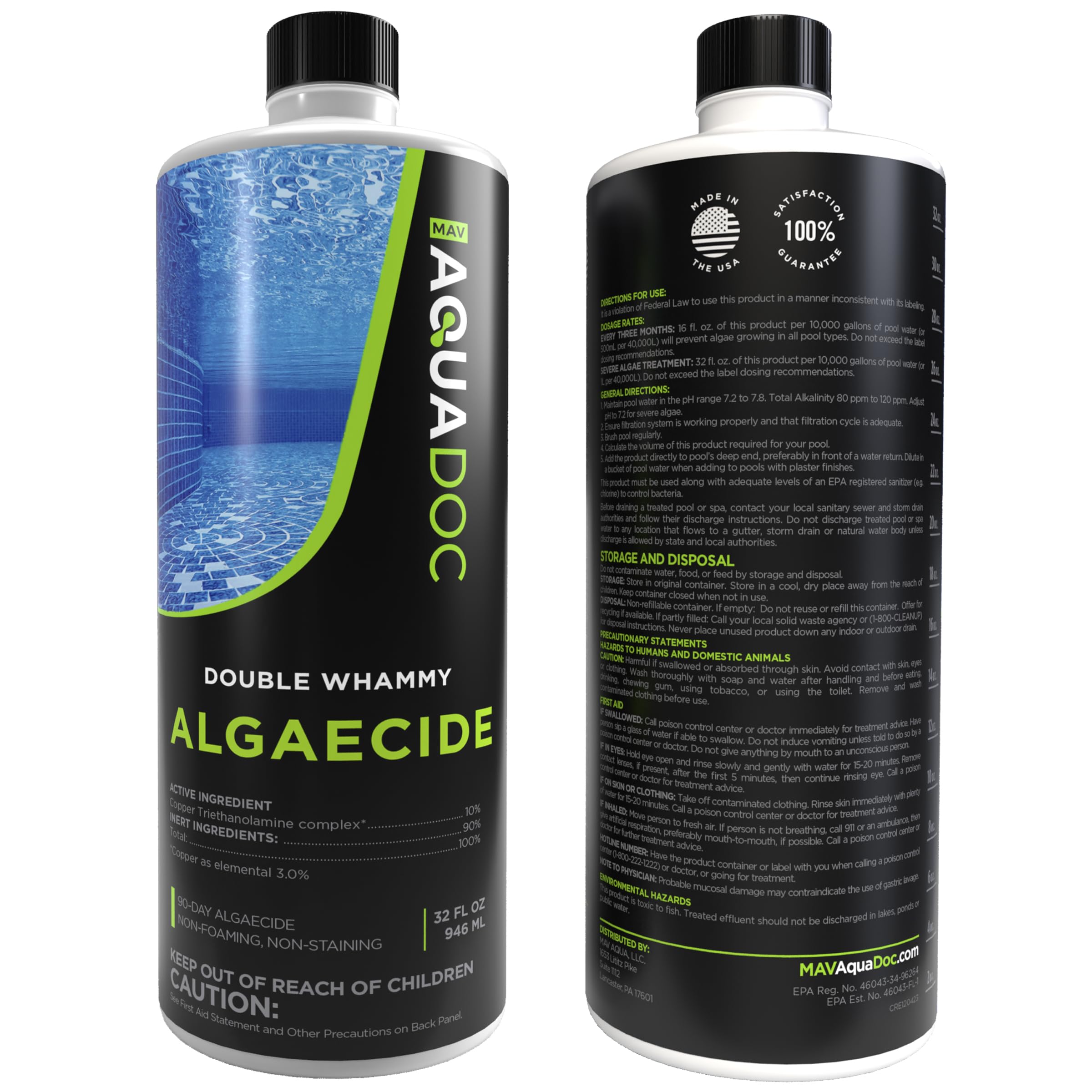 Copper Pool Algaecide for Swimming Pools - 90-Day Long-Lasting Algae Prevention & Removal for Inground Pools - Super Strength Formula for Pool Opening & Maintenance - AquaDoc 32oz - Perfect for Year-Round Pool Care, Summer Swim Season & Green Algae Treatment