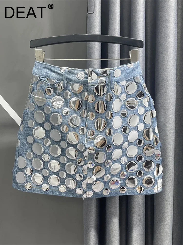 DEAT Women's High Waist Denim Mini Skirt with Sequin Patchwork - Summer Fashion Wrap Skirt in Blue | Perfect for Casual Outings, Parties & Street Style
