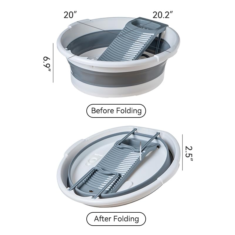 Large Collapsible Washboard Basin for Hand Washing Clothes - Portable Laundry Tub with Scrubber (Gray) | Perfect for Camping, RV Trips & Small Space Living