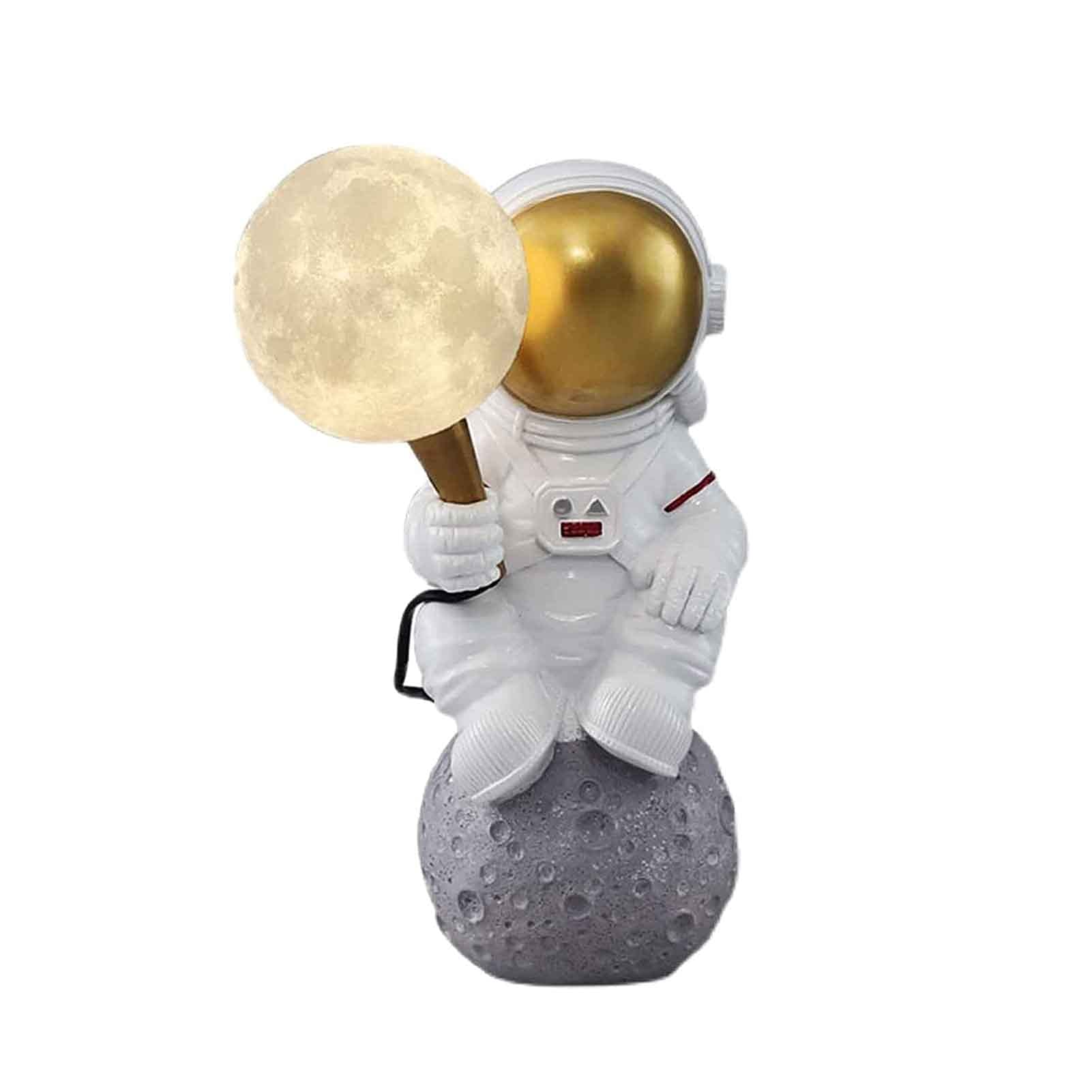 Art Deco Astronaut Moon Exploration Table Lamp - Creative Spaceman Resin Night Light for Kids Room, Bedroom & Bedside - Perfect for Reading, Study & Nursery Decor (Sitting Position)