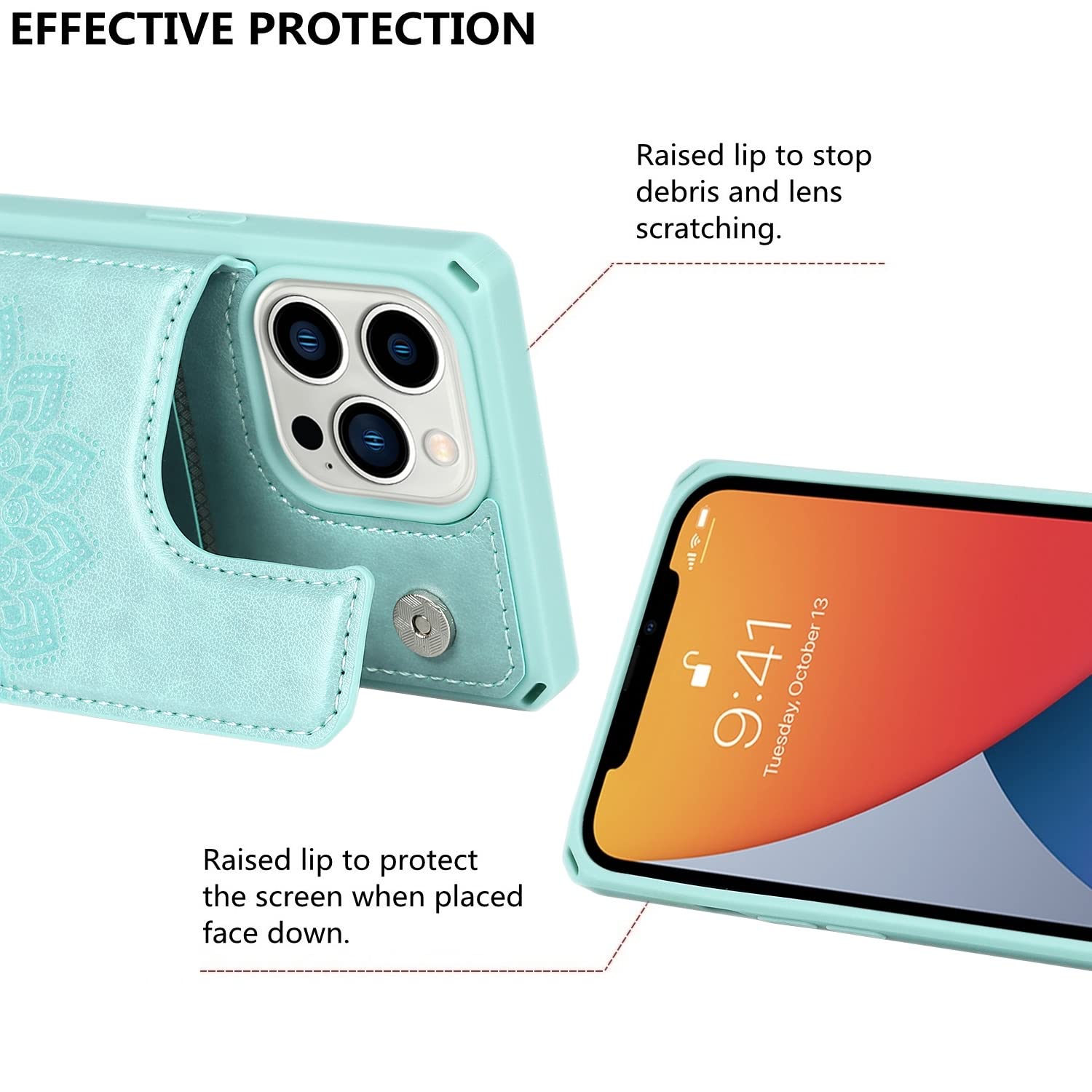 iCoverCase iPhone 13 Pro Max Wallet Case with Card Holder & RFID Blocking - 6.7 Inch PU Leather Phone Cover with Wrist Strap for Women | Embossed Mandala Mint Design | Perfect for Travel, Shopping & Everyday Use