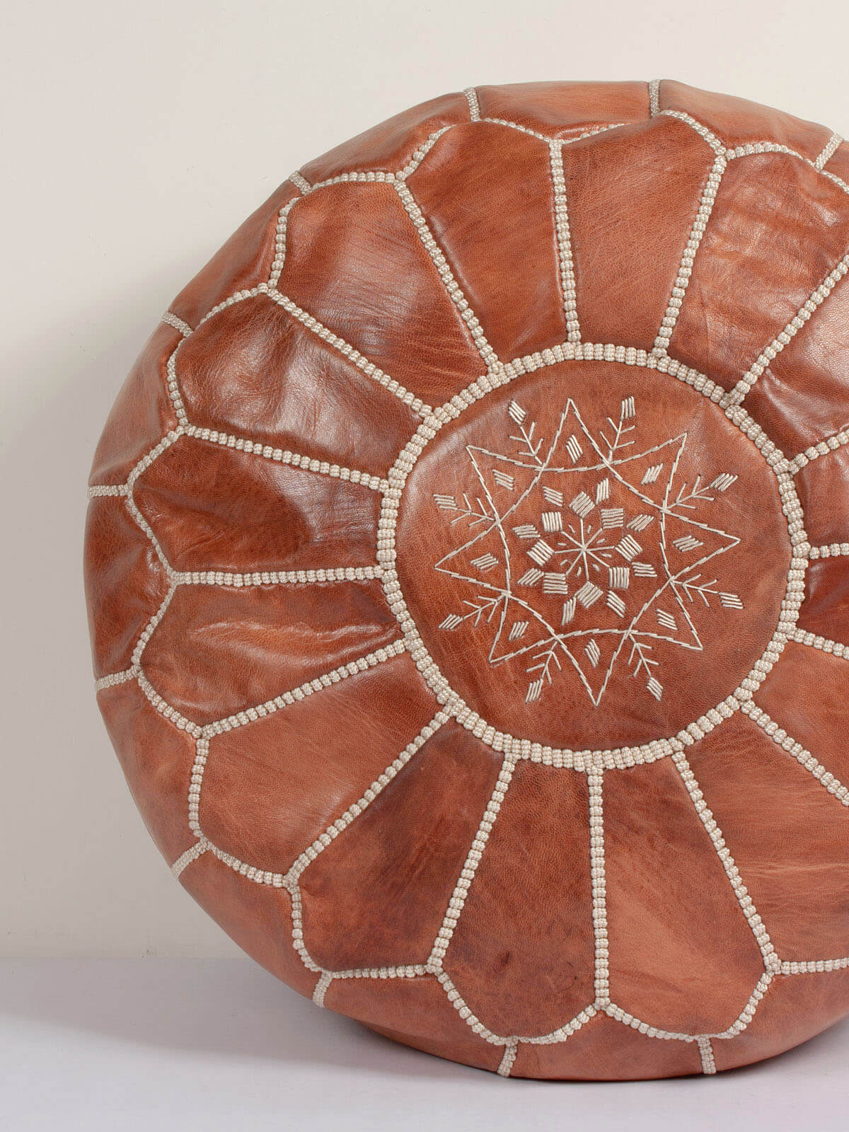 Handmade Moroccan Leather Pouffe Ottoman - Genuine Leather Footstool, Tan - Perfect for Living Room, Bedroom & Boho Decor
