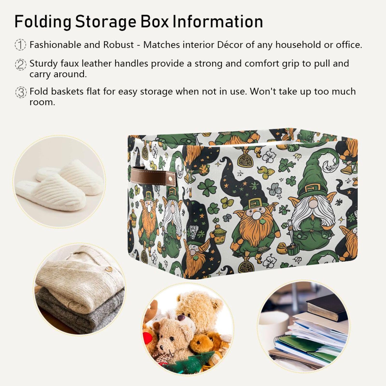 Qilmy St. Patrick's Day Gnome Storage Basket 2 Pack - Collapsible Canvas Rectangular Bin with Leather Handles for Closet, Office, Nursery | Perfect for Holiday Decor & Home Organization