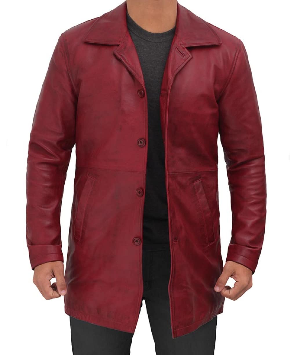 Men's Distressed Real Leather Long Coat - Classic Vintage Leather Blazer & Trench Coat for Men | Perfect for Fall Winter Fashion, Business Casual & Outdoor Events
