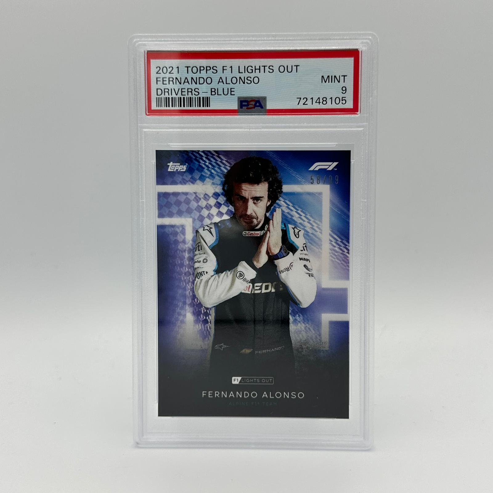 PSA 9 Graded 58/99 Fernando Alonso Blue Parallel Racing Drivers Card - Perfect for Collectors, Fans, and Sports Memorabilia Displays