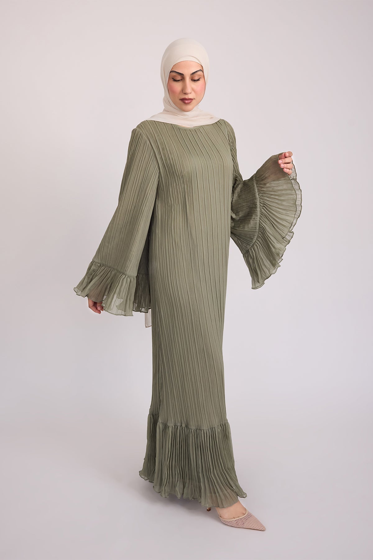 Camille Pleated Maxi Dress in Olive Green - Elegant Long Flowy Dress for Women, Perfect for Weddings, Parties & Summer Vacations