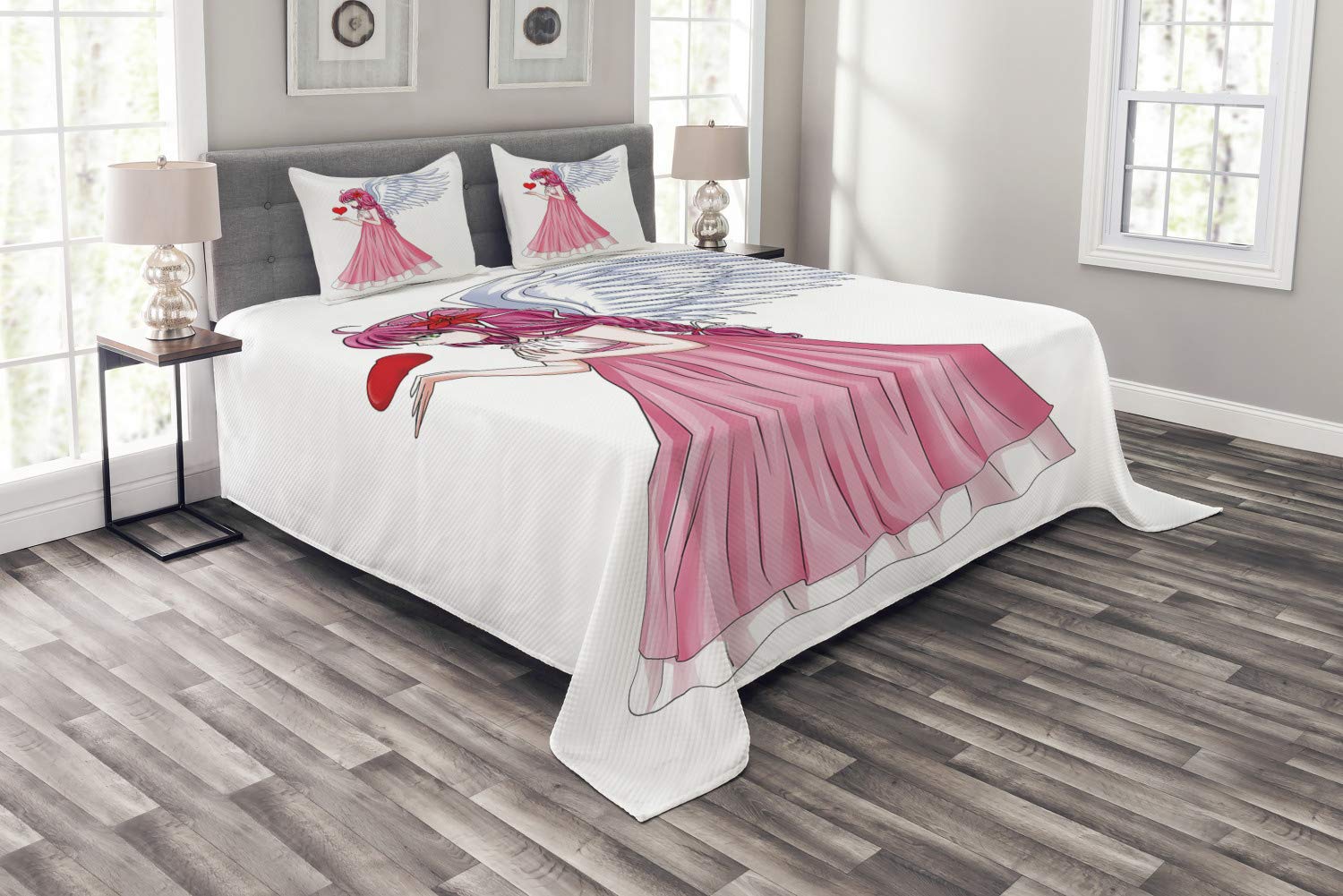 Ambesonne Anime Bedding Set - Pink Dress Character Holding Heart, Romantic Valentine's Day 3-Piece Comforter Cover with 2 Pillow Shams, King Size White Pink Red - Perfect for Anime Lovers' Bedroom Decor & Valentine's Gift