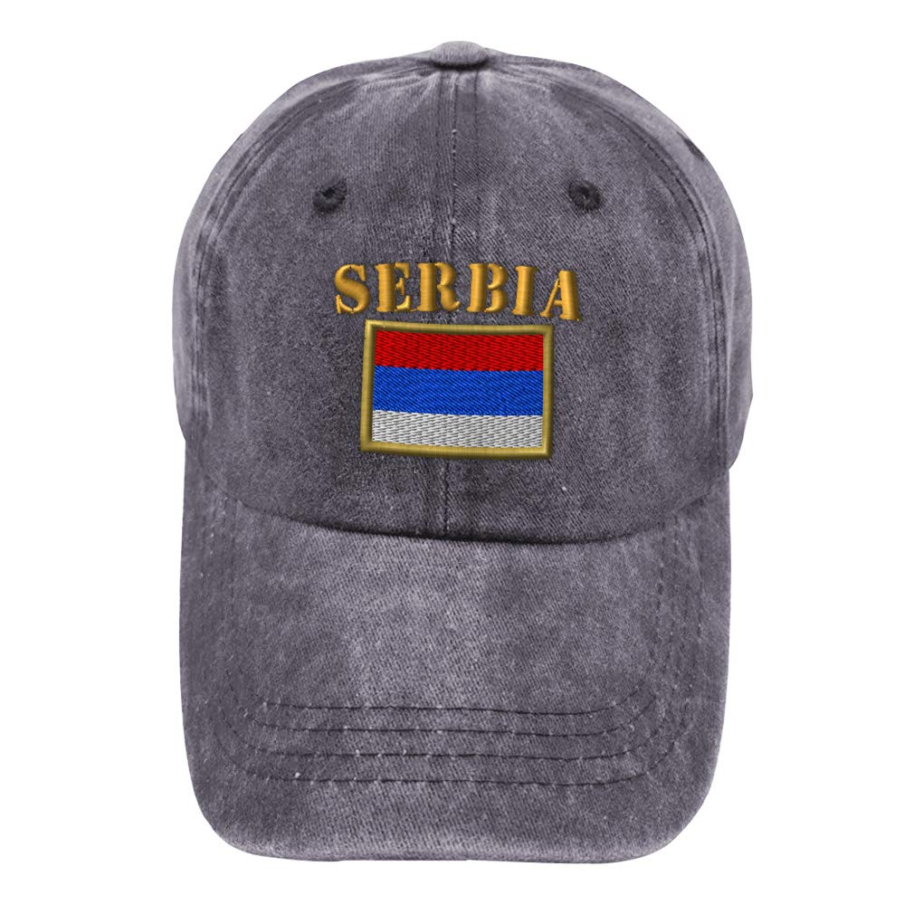 Vintage Washed Cotton Dad Hat with Serbia Flag Embroidery - Adjustable Buckle Closure for Men & Women - Casual Grey Baseball Cap for Outdoor Activities, Travel & Sports