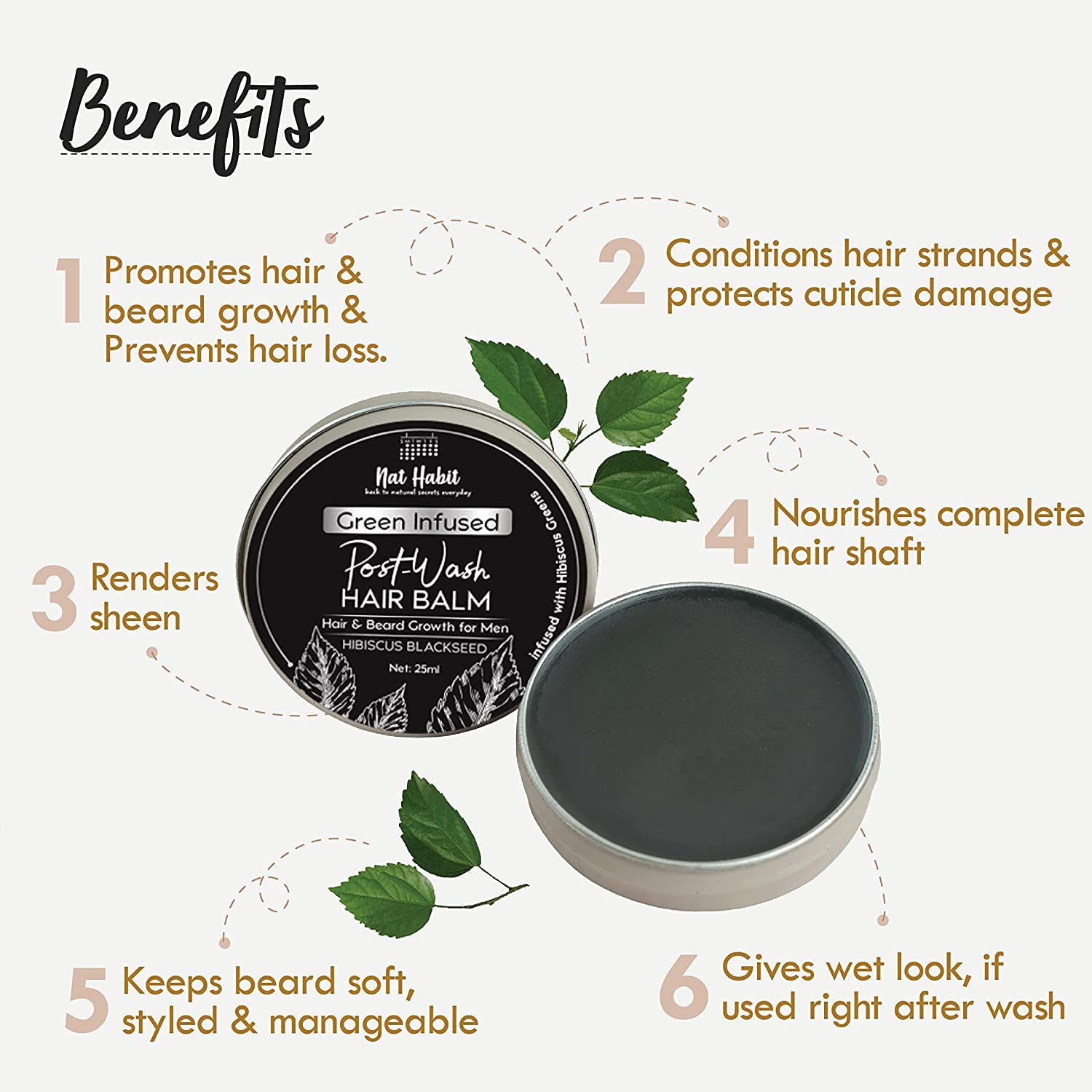 Organic Hibiscus Black Seed Hair & Beard Growth Balm - Natural Hair Smoothening & Straightening Treatment with Hibiscus Leaves (25ml, 35g) - Ideal for Men's Grooming, Daily Styling & Thicker Hair Care