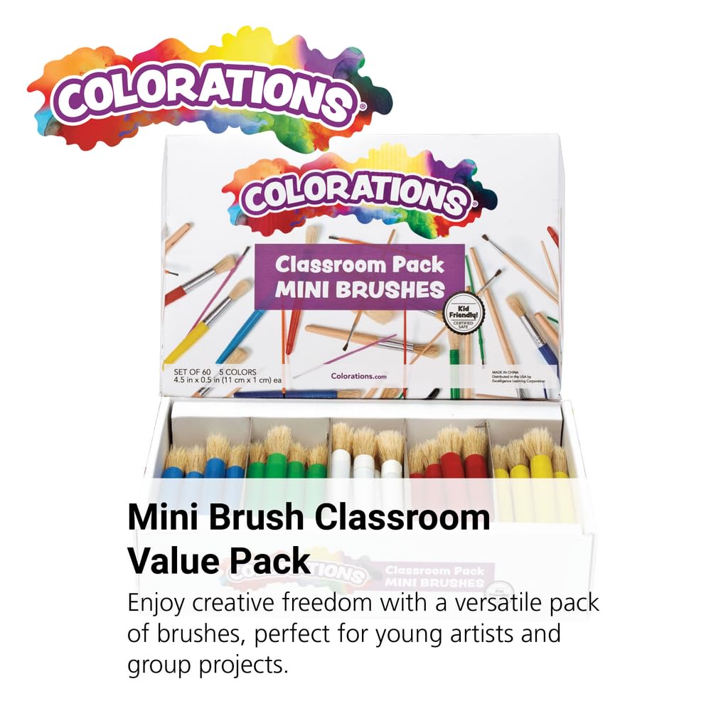 Colorations Mini Paint Brushes Set of 60 - Natural Bristle Kids Art Brushes for Painting, Classroom Supplies & DIY Crafts - Perfect for Children's Art Projects, Posters & School Activities
