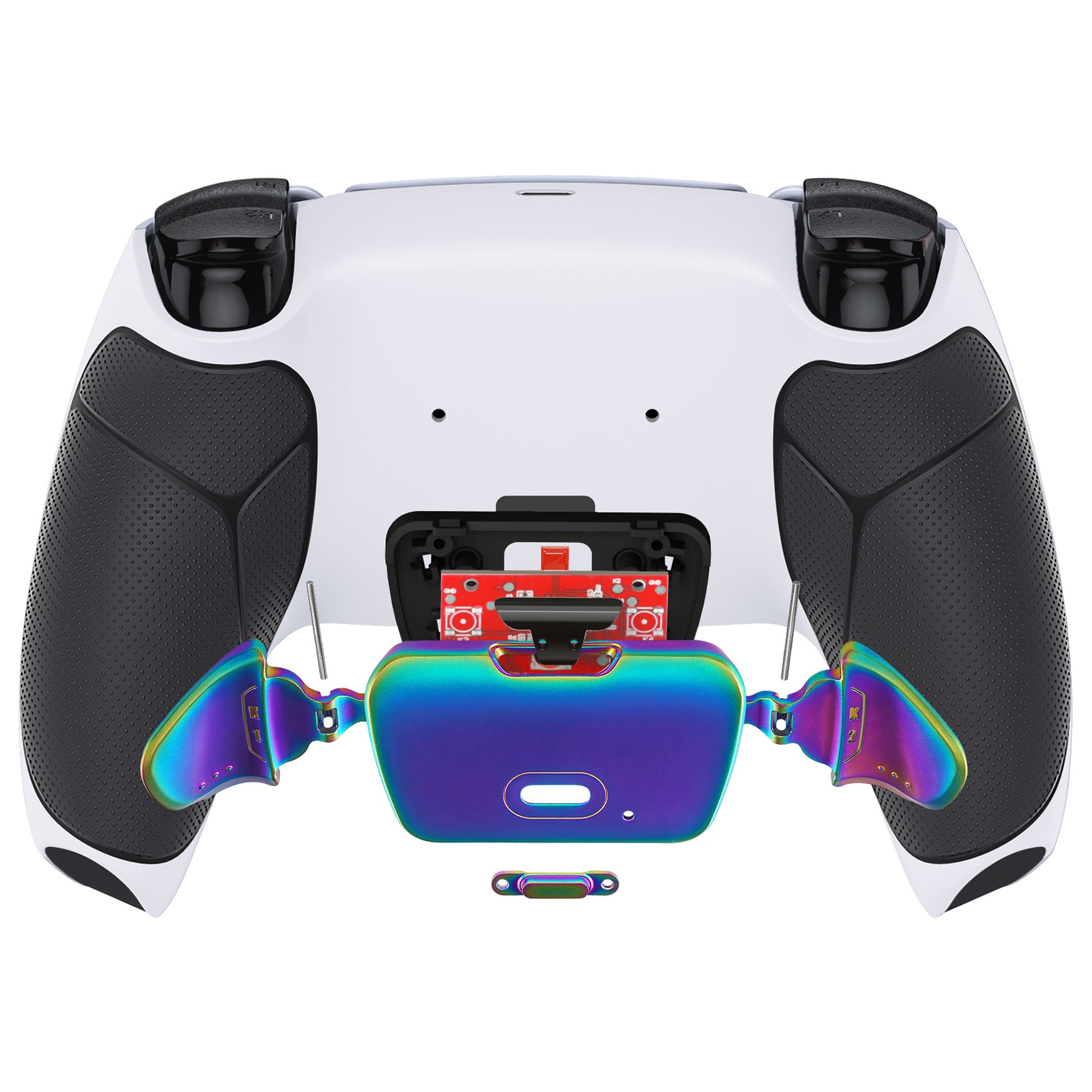 ExtremeRate Rainbow Aura Blue & Purple Metal Buttons (RMB) V3 Remap Kit for PS5 Controller BDM-030/040/050 - Rubberized White & Black - Enhance Your Gaming Experience with Customizable Controls for Competitive Play