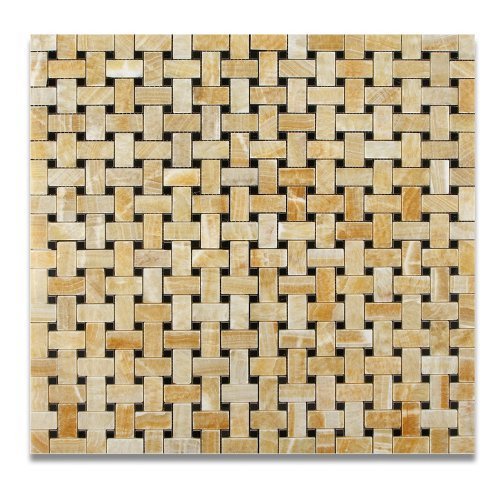 Premium Honey Onyx Polished Basketweave Mosaic Tile with Black Dots - 5 sq. ft. Box - Natural Stone Backsplash for Kitchen & Bathroom - Waterproof Peel-and-Stick Wall Tile for Shower, Fireplace, and Flooring