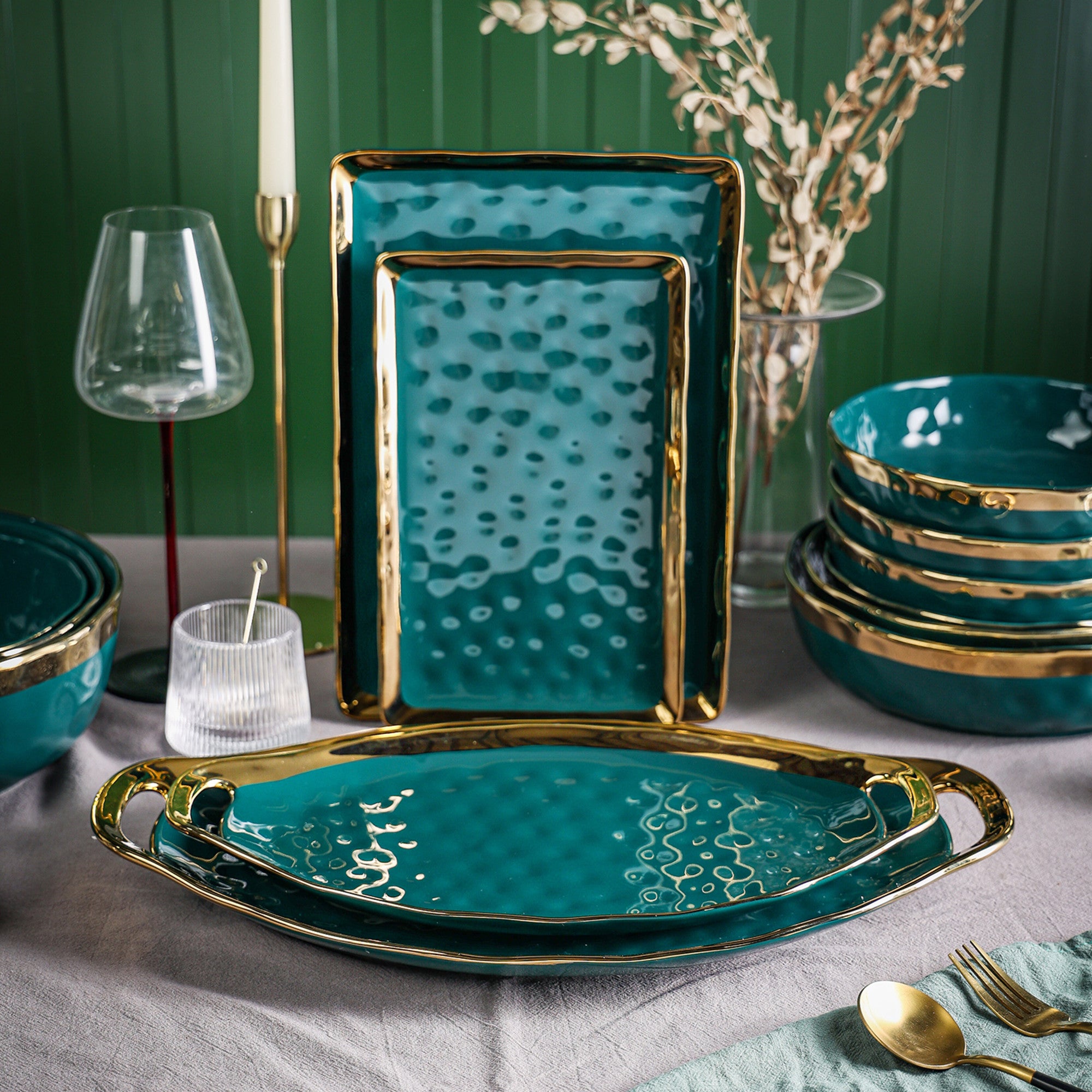 Florian Porcelain Dinner Plates Set - Elegant Green Service Plates for Fine Dining, Weddings & Formal Events