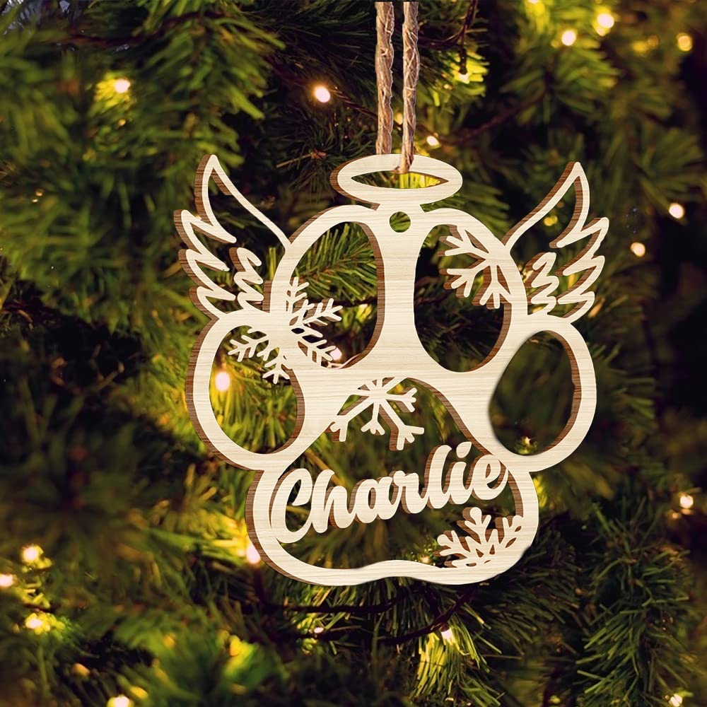 Custom Dog Paw Wood Ornaments - Personalized Christmas Tree Decor with Your Pet's Name | Handmade Pet Memorial Gift for Dog & Cat Owners | Perfect for Xmas Tree Decorating, Pet Lover Gifts & Holiday Home Decoration (Style 2: Angel Wing Paw Design)