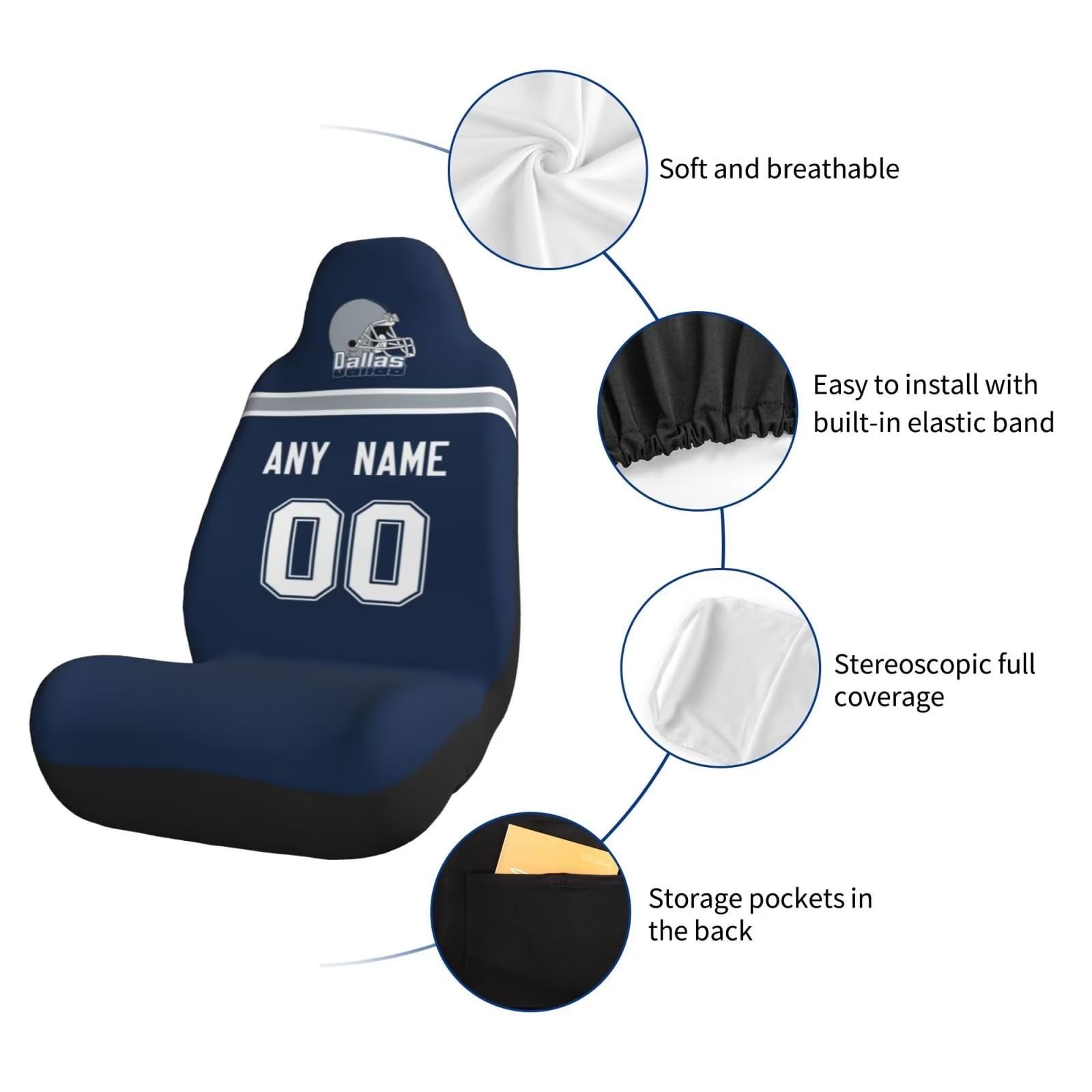 Custom Dallas Cowboys Football Car Seat Covers - Personalized Name & Number Car Accessories, Elastic Front Seat Protector, Universal Fit for Most Cars, Perfect for Game Day & Road Trips
