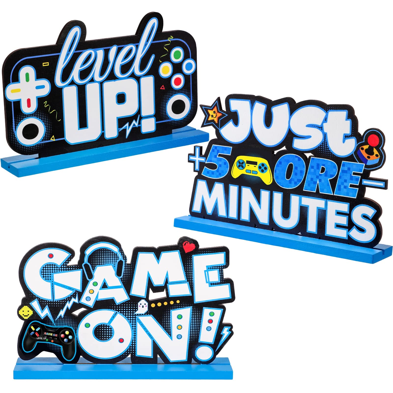 Frienda 3-Piece Wooden Video Game Party Decor Set - Level Up Birthday Centerpieces with Pixelated Table Signs for Gamer Parties, Boys & Kids (Blue) | Perfect for Birthday Celebrations, Gaming Themed Events & Nerf Parties
