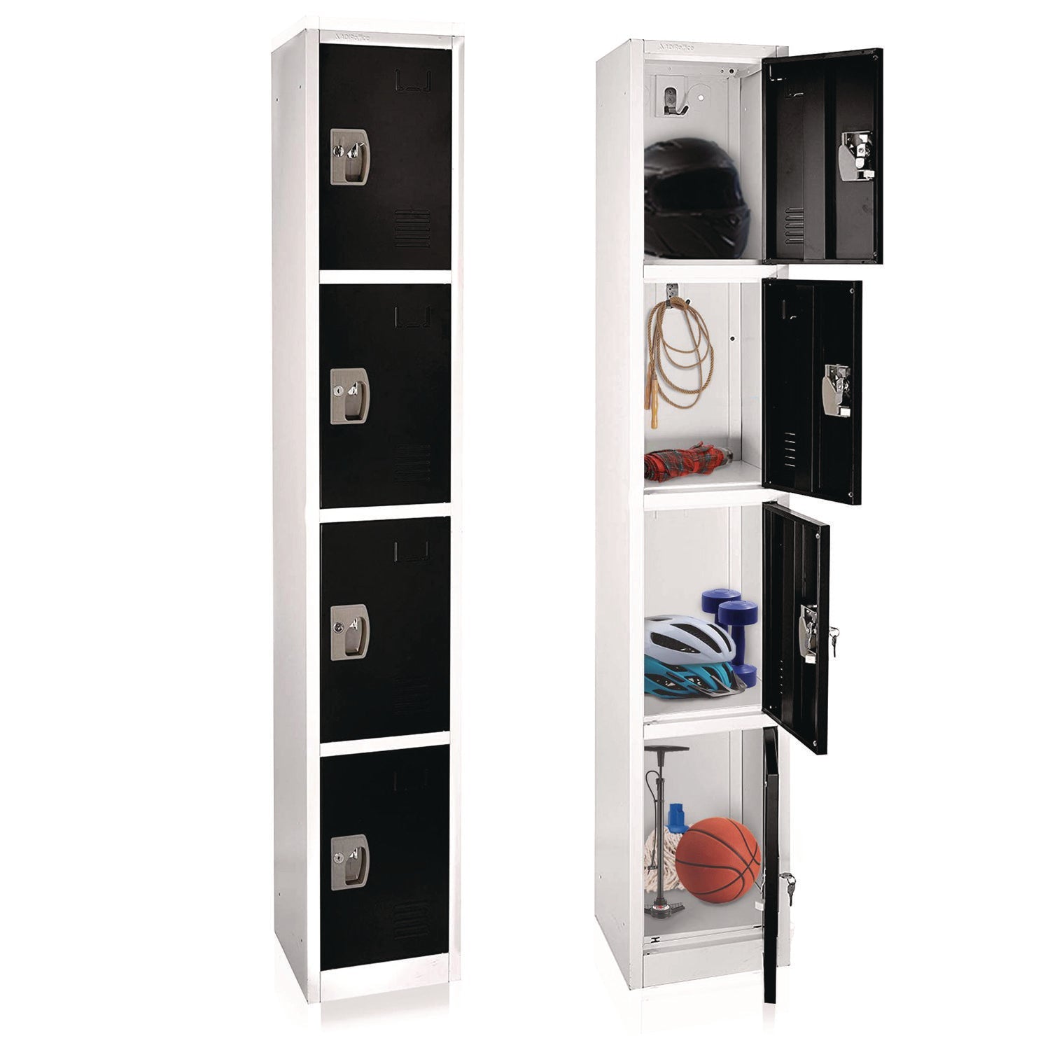 Steel Storage Locker with 4 Compartments - 12 x 12 x 72 Inches, Black - Heavy-Duty School, Gym & Office Locker for Secure Storage