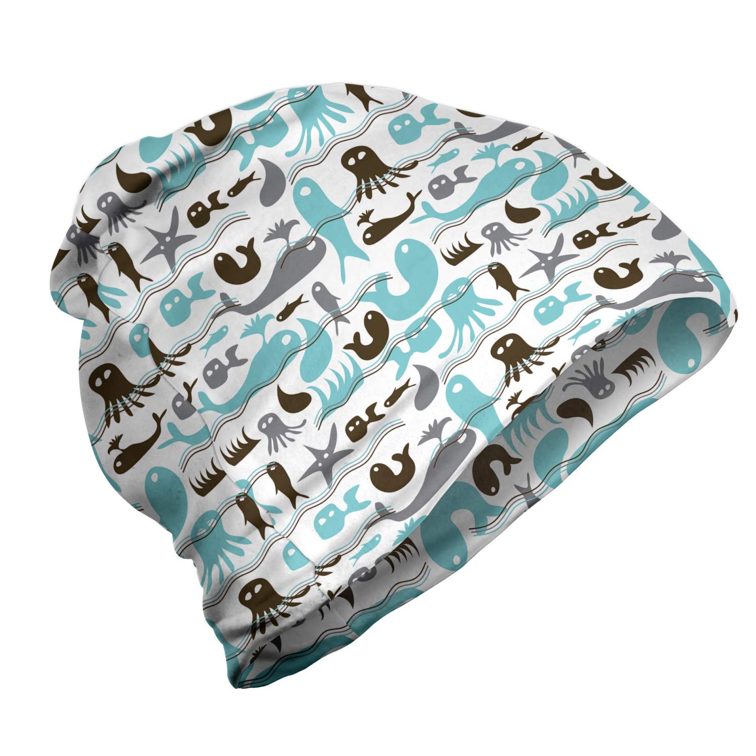 Ambesonne Unisex Winter Beanie Hat - Jellyfish & Whale Underwater Ocean Design - Warm Knit Skull Cap for Men & Women - Perfect for Hiking, Camping, and Outdoor Winter Activities