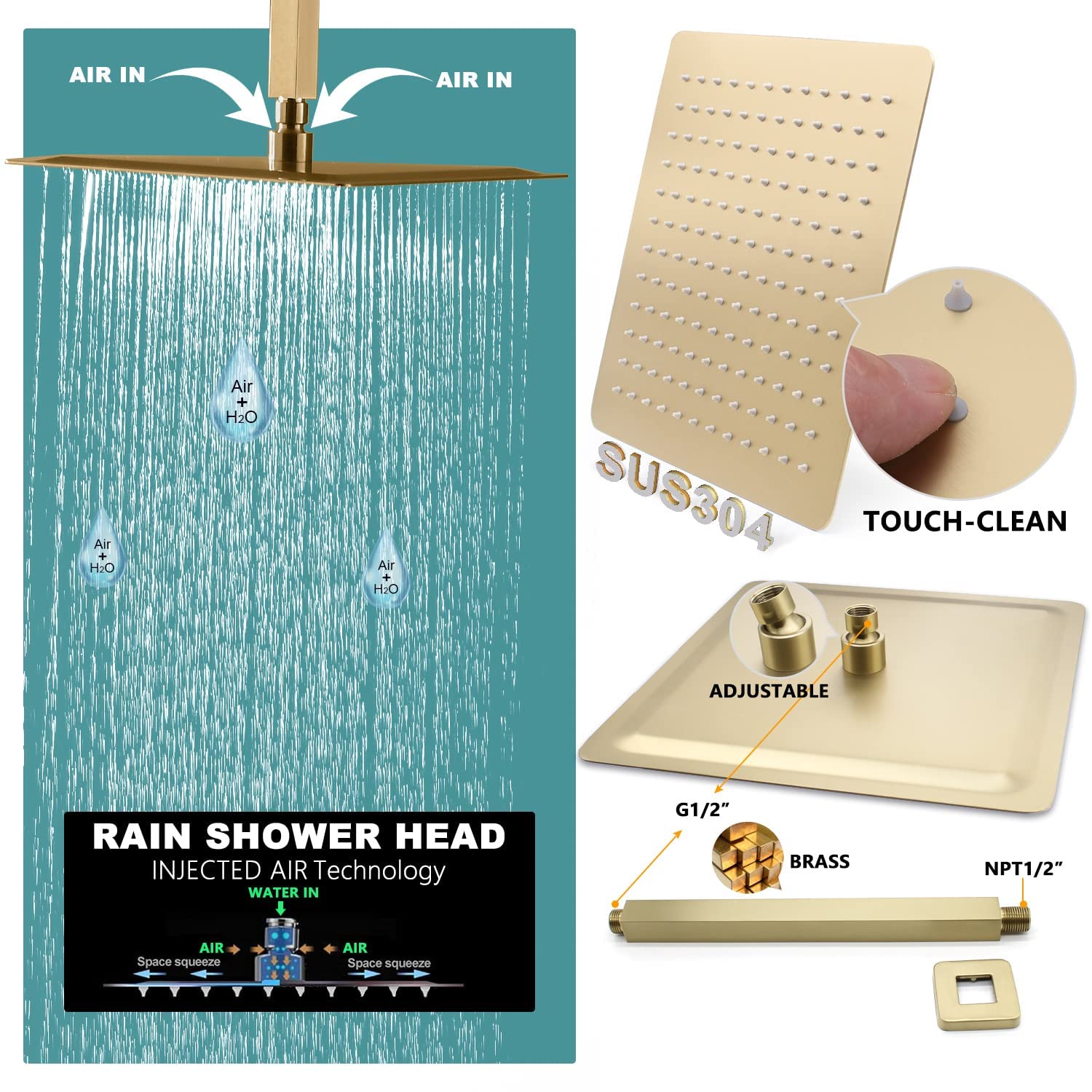 Premium Brushed Gold Rain Shower System with 12