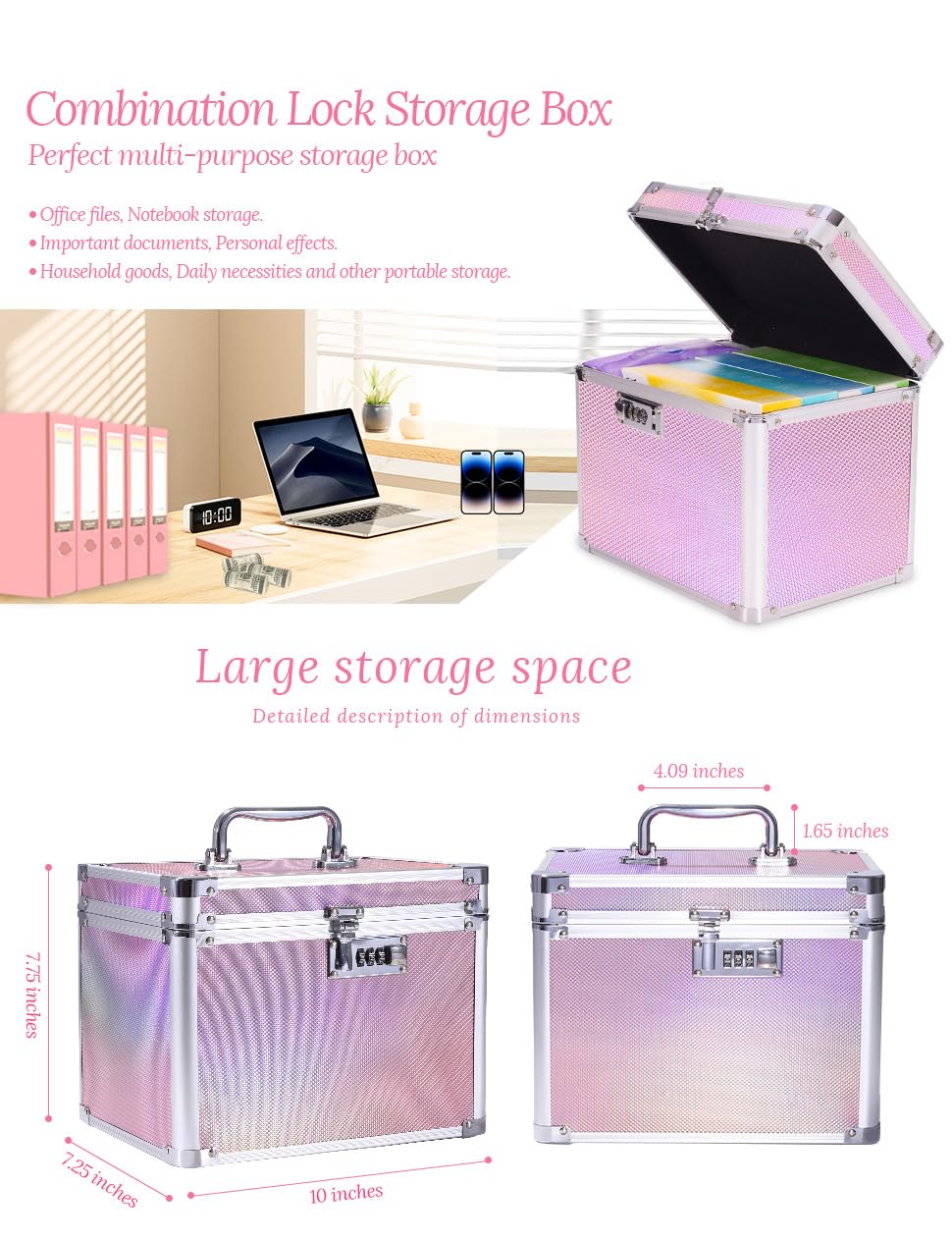 Colorful Security Lock Box with Combination Code - Lightweight Lockable Storage Box for Documents, Jewelry & Cosmetics (7.25