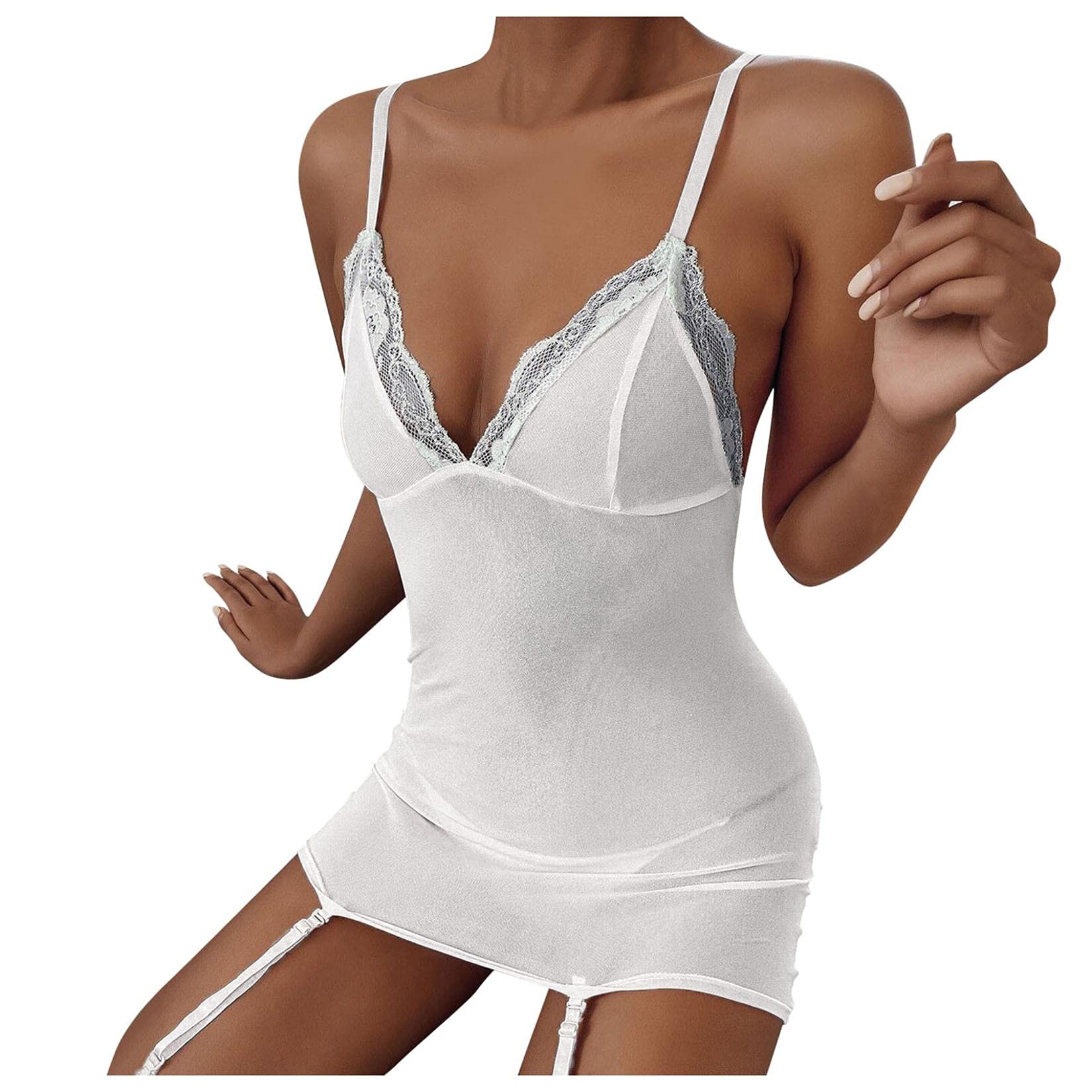 CofeeMO Women's Sexy Lingerie Set - Black Fishnet See-Through Underwear with Garter & White Bodysuit for Romantic Nights, Boudoir Photography, and Sensual Play