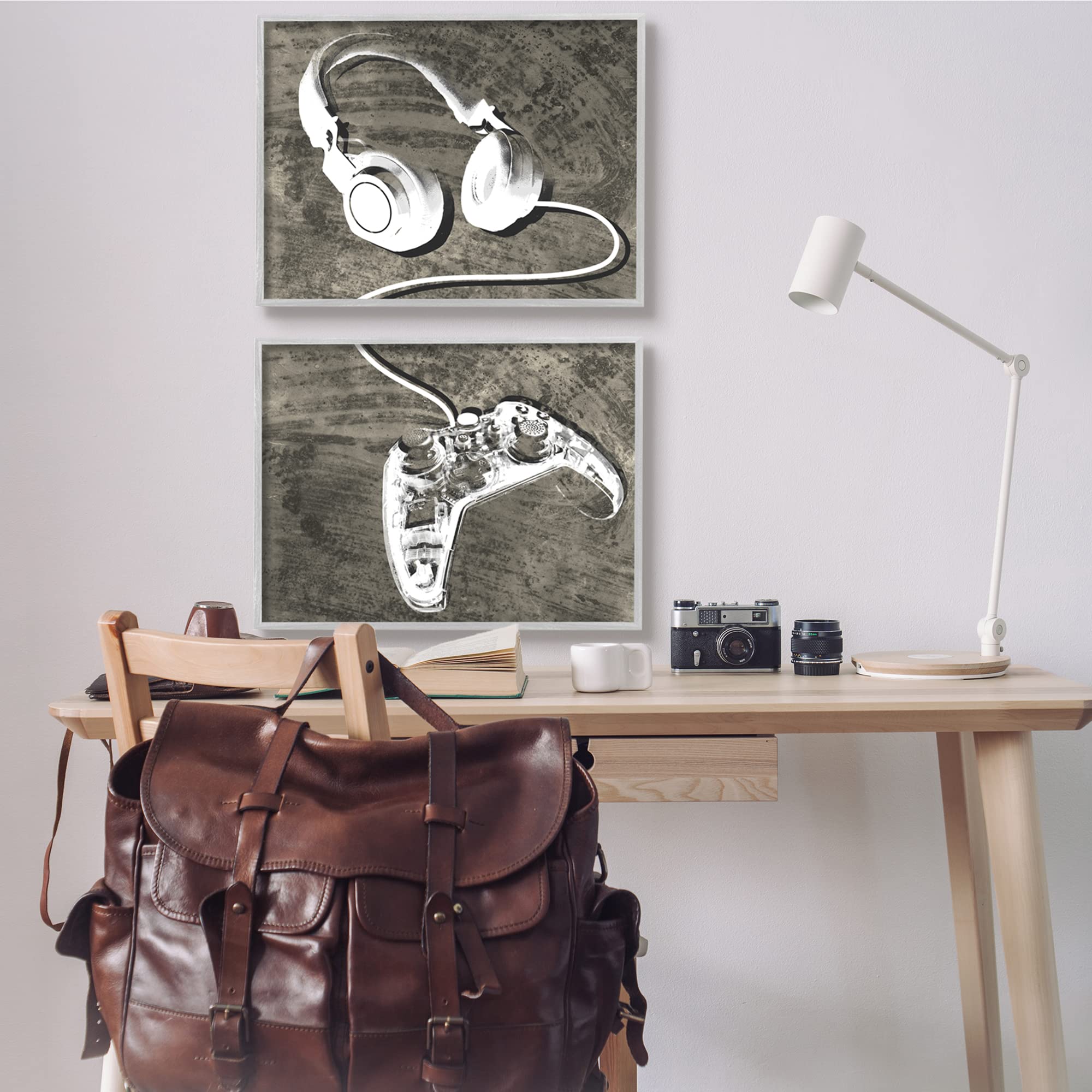 Stupell Industries Rustic Headphones & Video Game Controller Wall Art for Kids' Room Decor - 30x24 Inch Gray Framed Print by Daphne Polselli - Perfect for Gamer Bedroom, Playroom & Teen Hangout Spaces