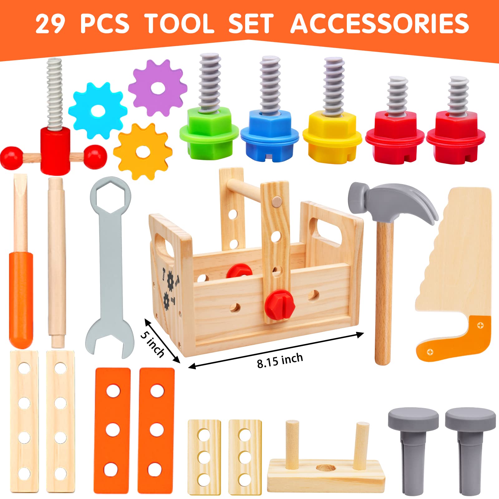 29-Piece Wooden Montessori Tool Set STEM Toys for Toddlers Ages 2-5 - Educational Pretend Play with Tool Bench - Perfect Birthday Gift for Kids | Learning Through Play, Fine Motor Skills Development, Early Childhood Education