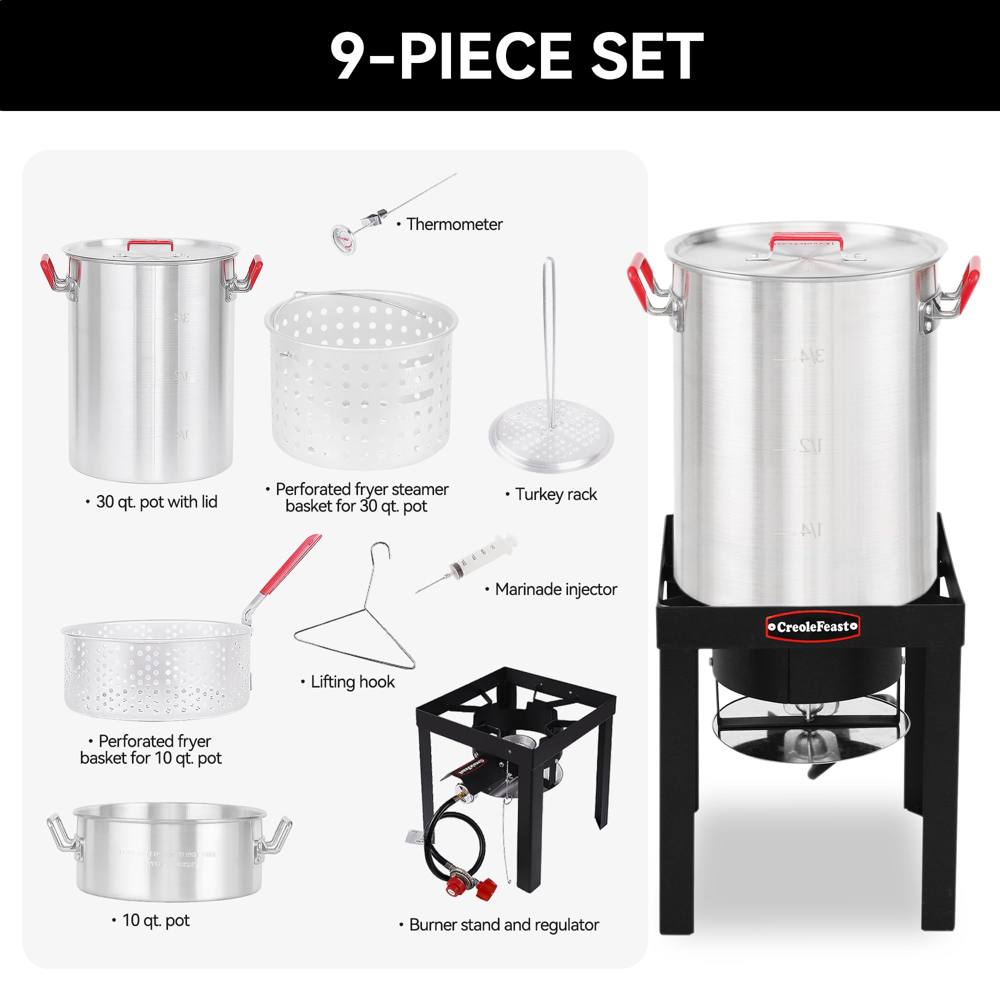 Creole Feast TFP1030 30 Quart Turkey Fryer & 10 Quart Fish Fryer Kit with 50,000 BTU Propane Burner – Outdoor Deep Fryer & Seafood Boiler Steamer for Backyard Cooking, Camping, Tailgating – Silver & Black