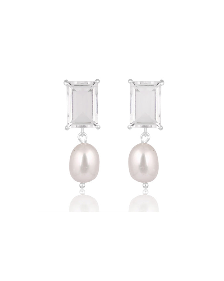 Modern Chic Clear Quartz Stud Earrings with Baroque Pearl Drop for Wedding | Thea by Lola Knight | Elegant Bridal Jewelry for Ceremony & Reception