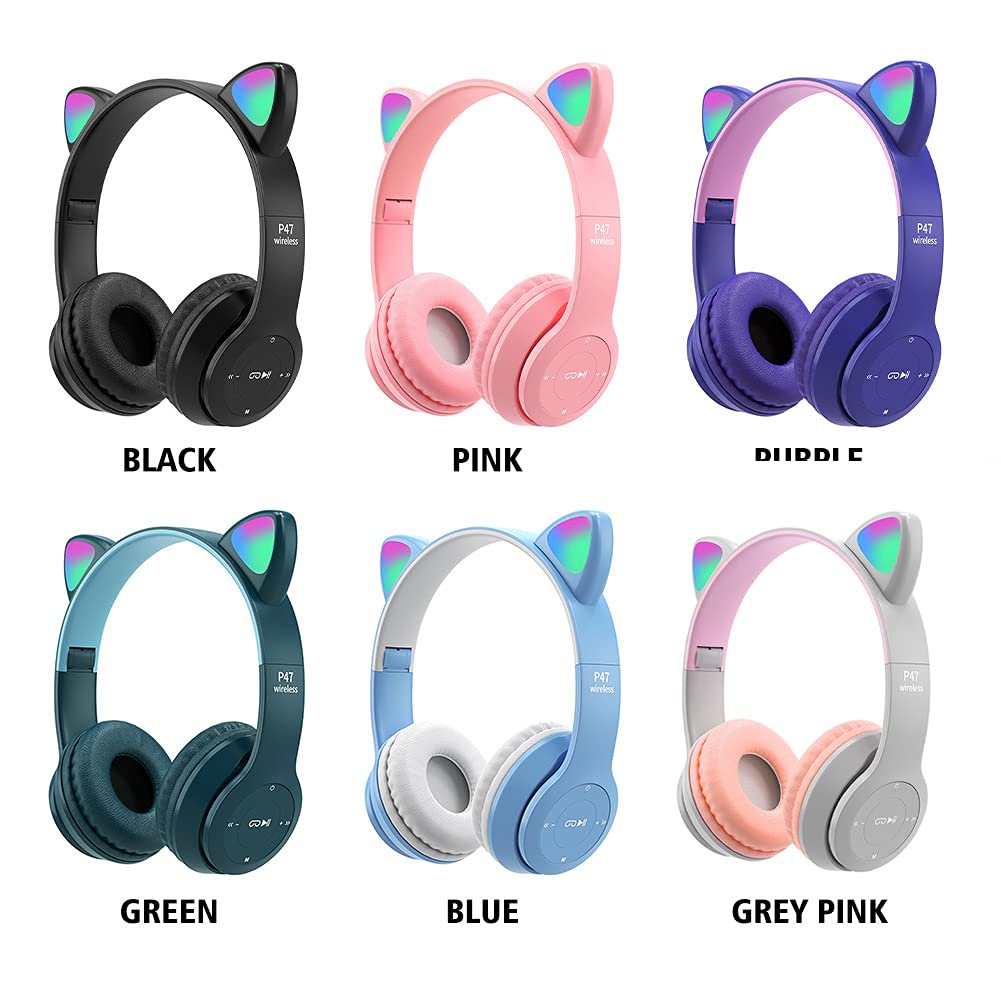 LED Cat Ear Bluetooth 5.0 Wireless Headphones for Kids & Adults - Foldable Gaming Headset with Built-in Mic, Noise Cancelling Over-Ear Design (Pink) - Perfect for Gaming, Online Classes & Music Listening